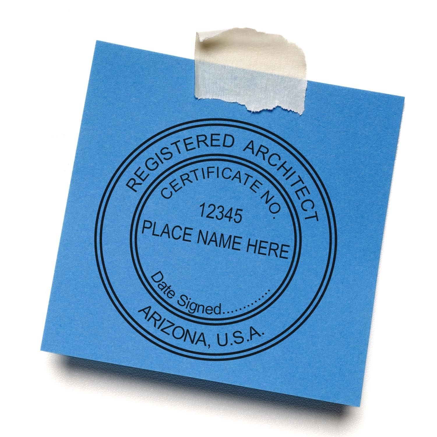 Blue sticky note with a circular Registered Architect stamp, taped to a surface. Blog post: Design with Confidence: Arizona Architect Stamps Made Easy.