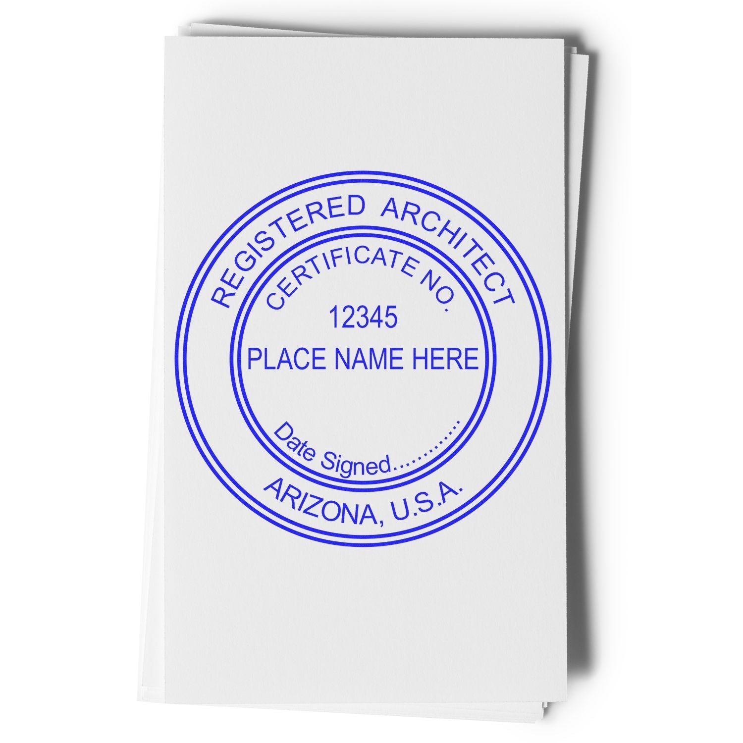 Image of a blue registered architect stamp on white paper. Blog post: Unlocking Success: Arizona's Top Professional Architect Stamps Feature Image.