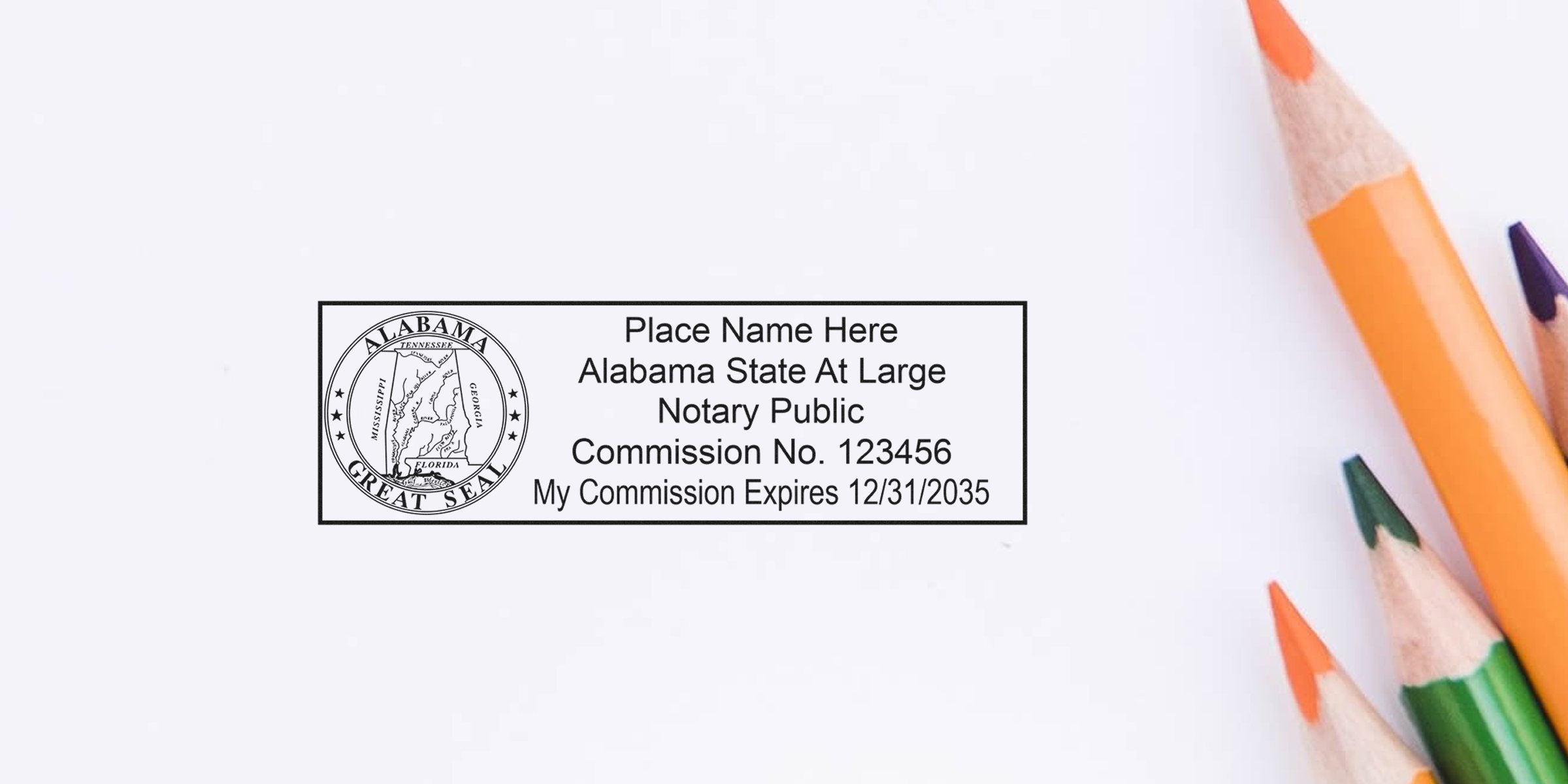 Rectangular Alabama notary stamp with state seal on the left and text showing placeholder name, Commission No. 123456 and expiry 12/31/2035