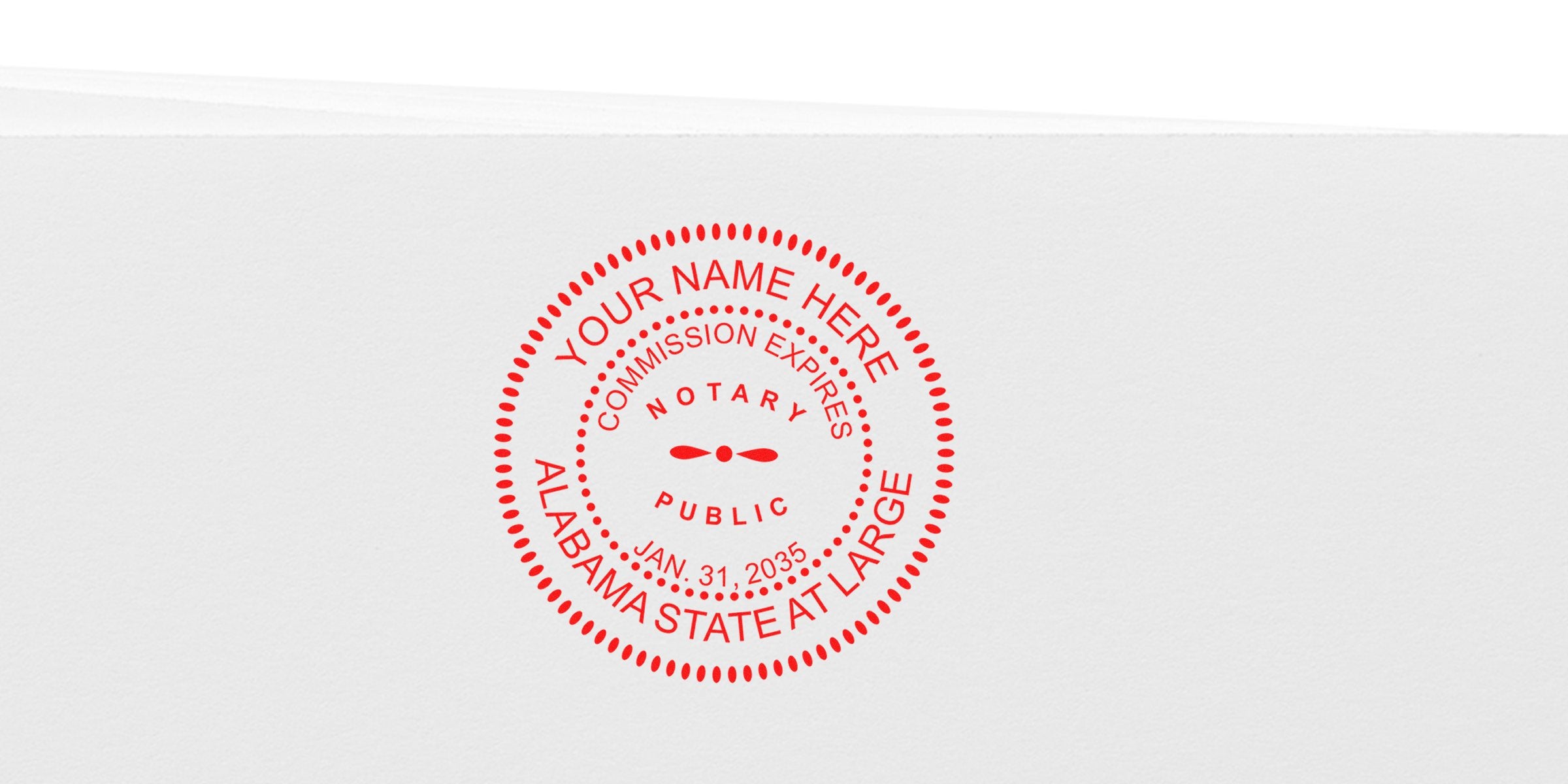 Red circular notary seal stamp mockup on white paper reading "Your Name Here, Alabama State At Large, Notary Public, Commission Expires Jan. 31, 2035."