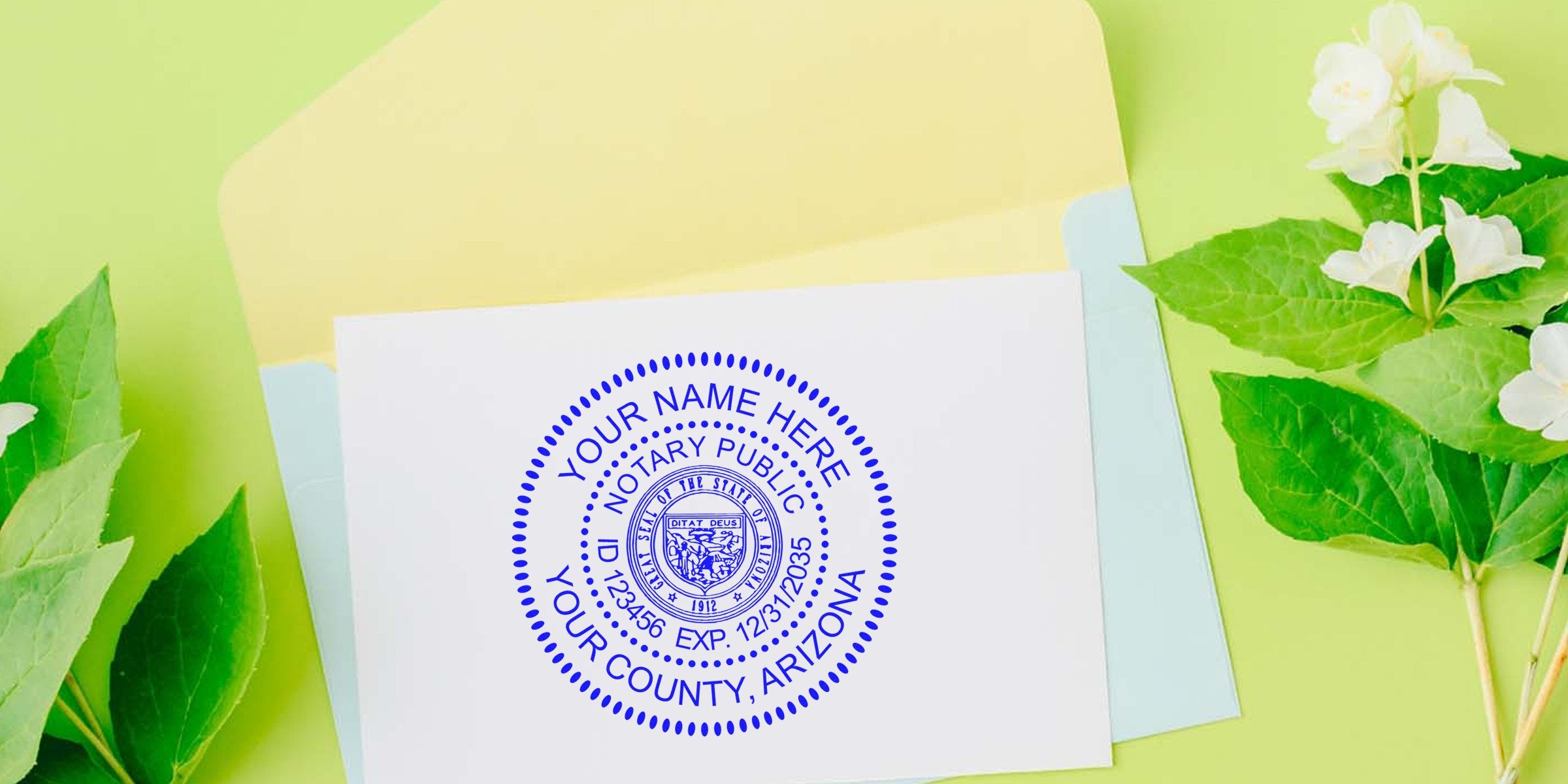 Blue circular notary public seal stamped on white document inside pastel envelopes, customizable name/ID and "Your County, Arizona" on a green background with white flowers
