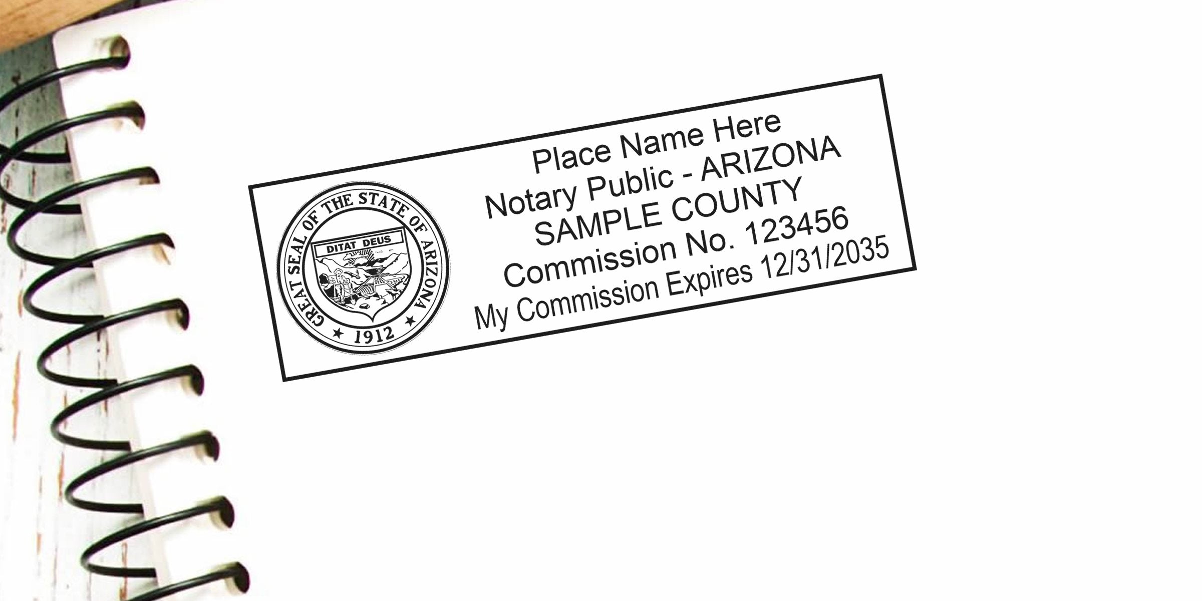 Sample Arizona notary public stamp with state seal, commission number and expiration date on a white spiral notebook page