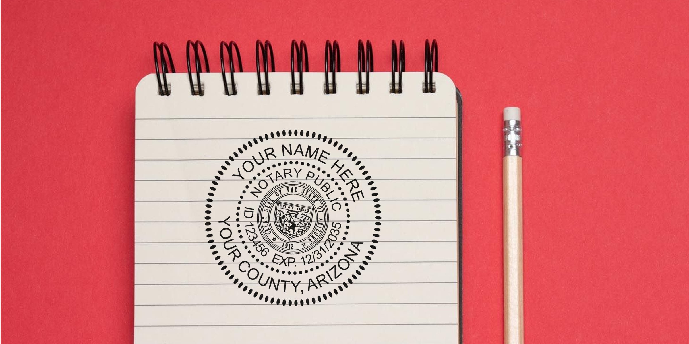 Notary public seal stamp mockup on lined spiral notebook with pencil on red background — customizable notary stamp template, ID and expiration details visible, professional notary seal design for legal documents