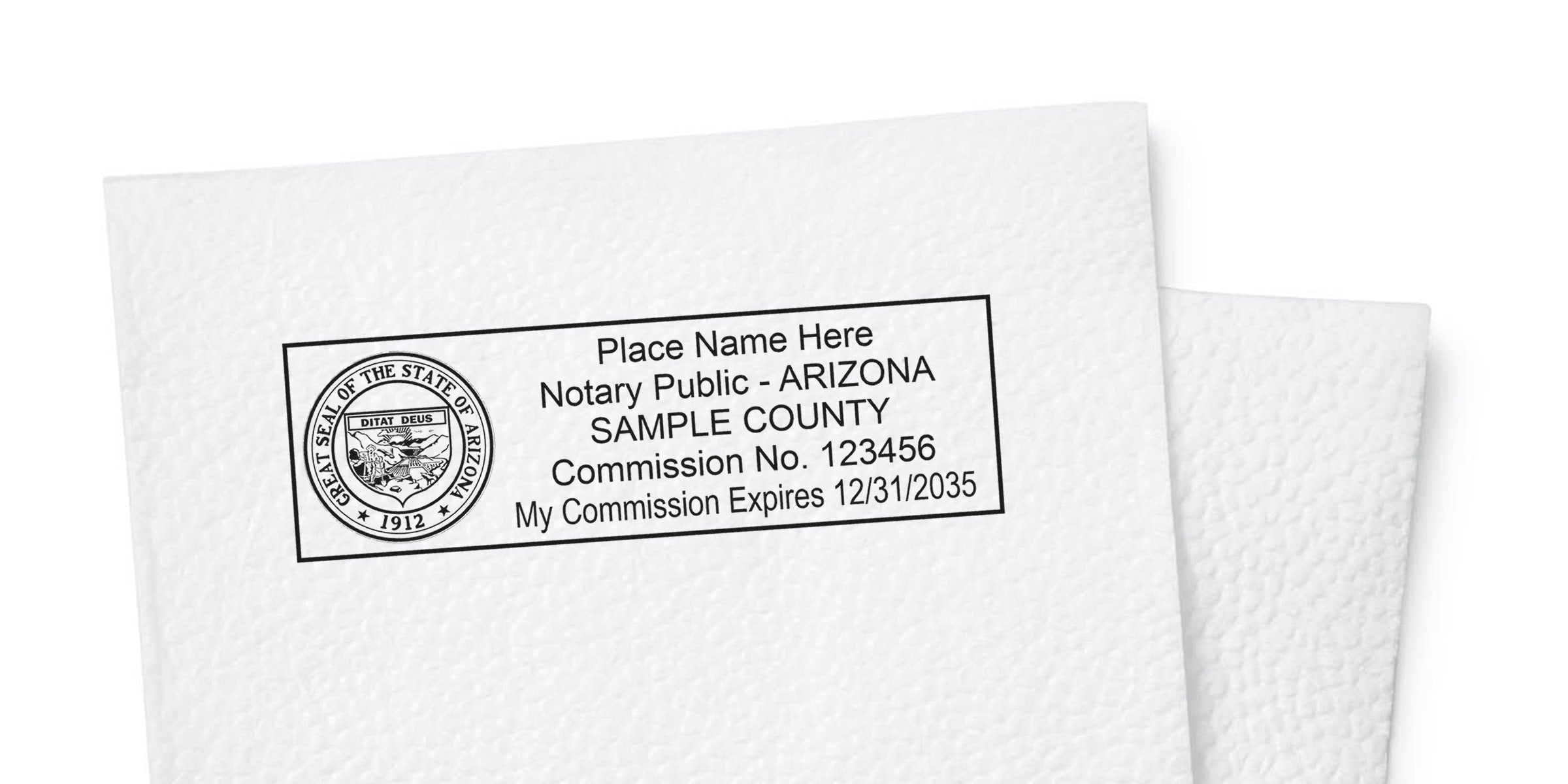 Arizona notary public stamp imprint with state seal, "Sample County" text, commission number and expiration date on textured white paper