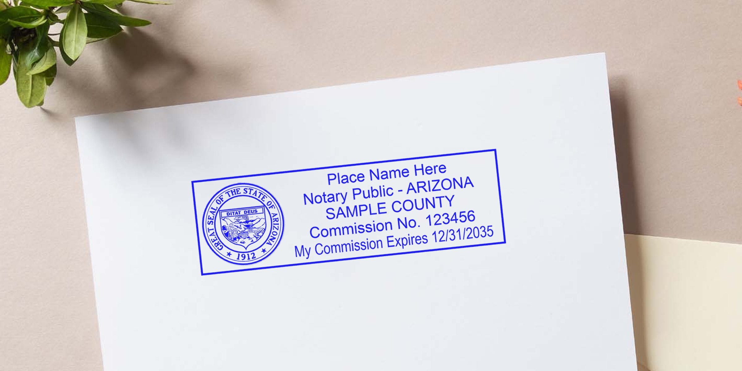Blue rectangular Arizona notary stamp sample on white paper showing state seal, placeholder name, SAMPLE COUNTY, commission number and expiration date.