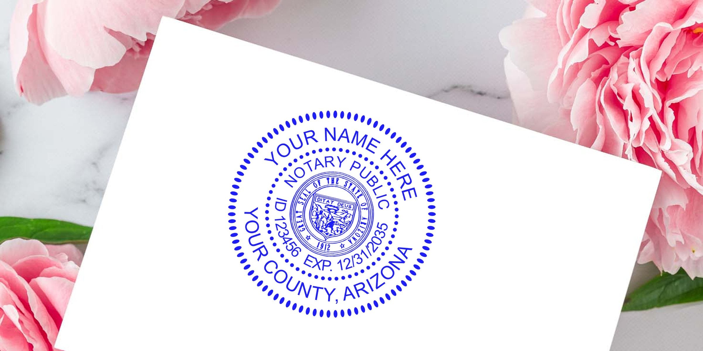Blue circular notary public seal stamp mockup on white card reading "Your Name Here, Your County, Arizona" with pink peony flowers background