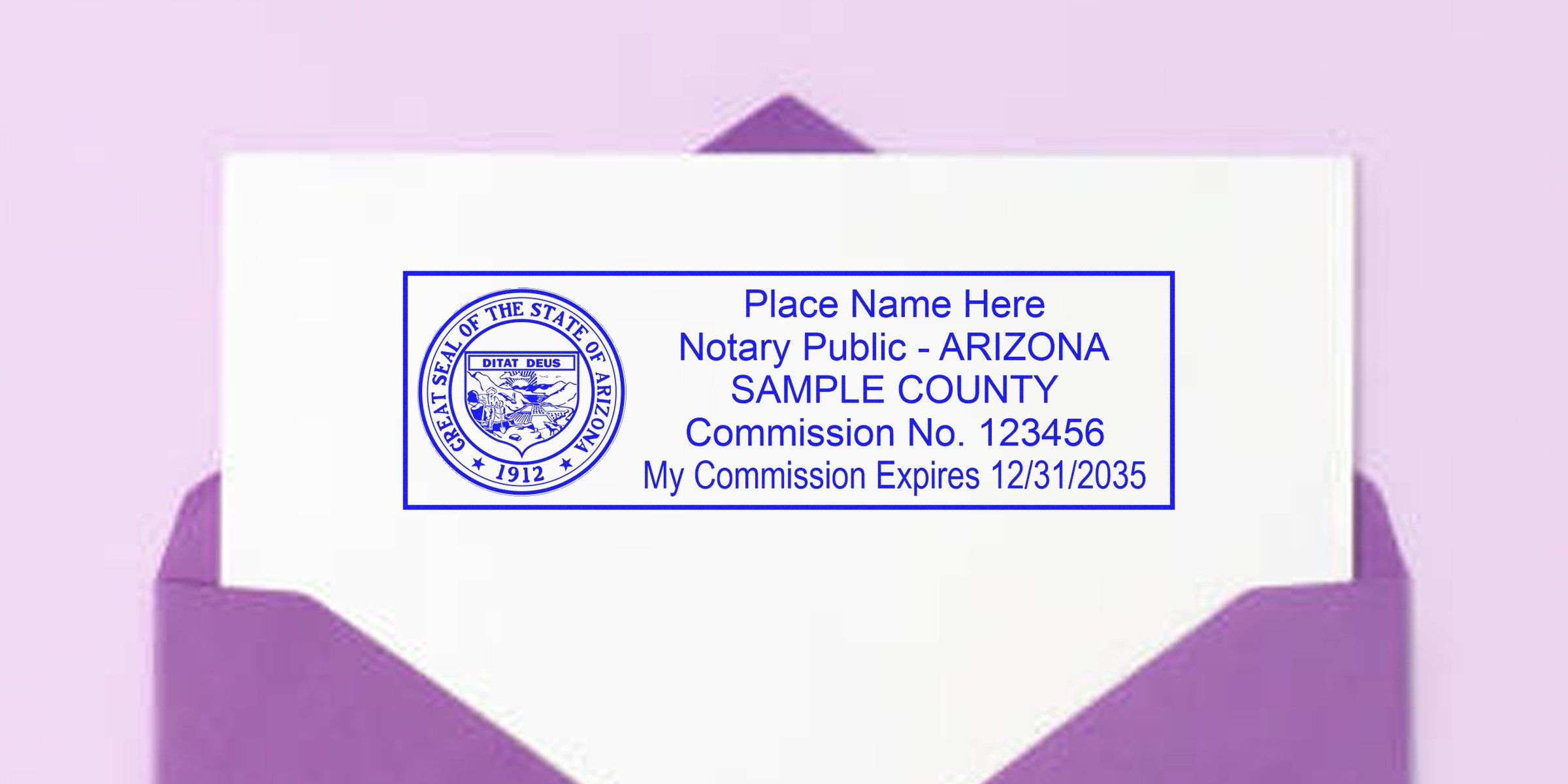 White envelope with purple liner showing blue Arizona notary public stamp sample featuring state seal, placeholder name, sample county, commission number and commission expiration date
