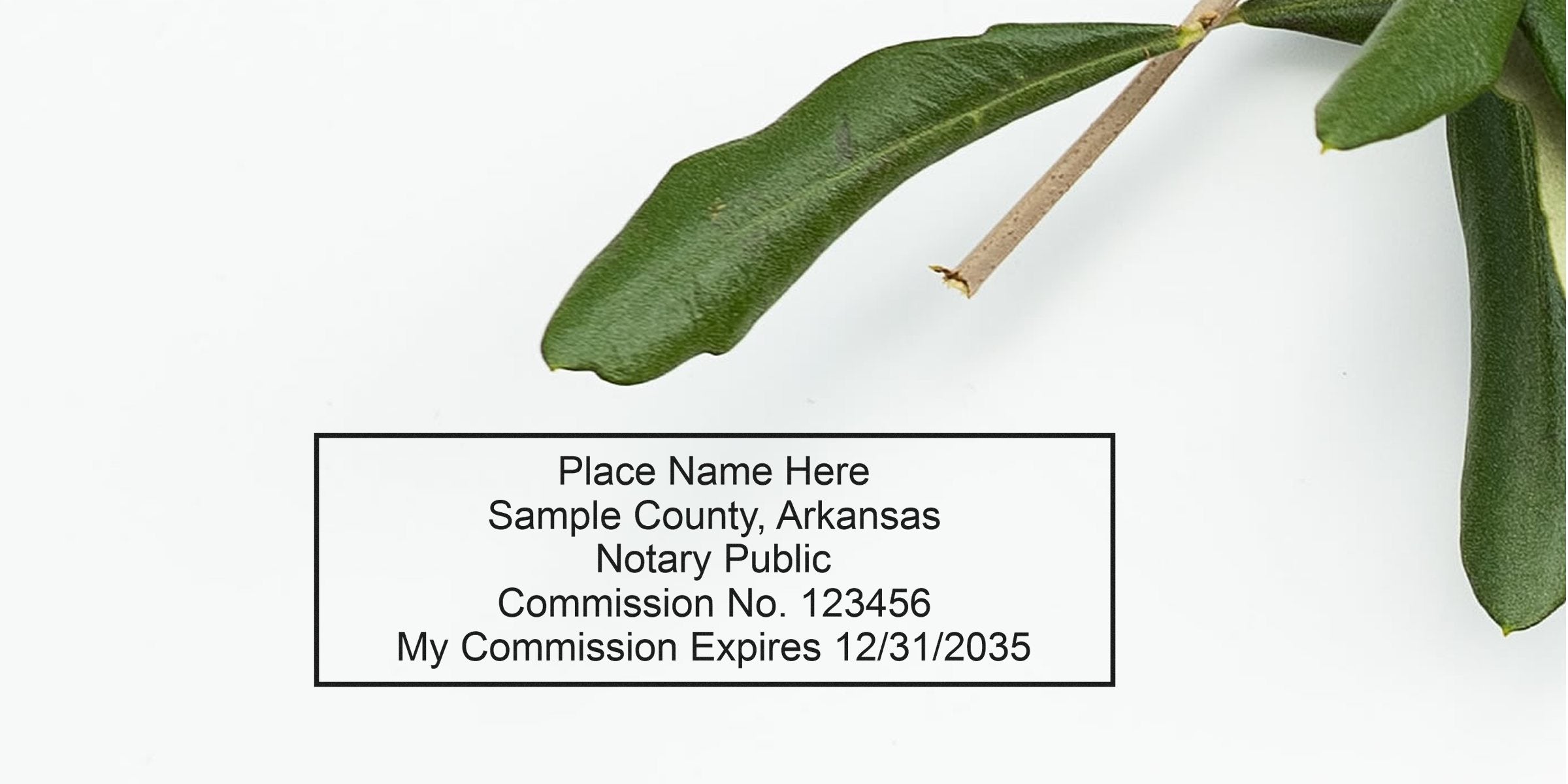 Rectangular notary stamp mockup reading "Place Name Here, Sample County, Arkansas, Notary Public, Commission No. 123456, My Commission Expires 12/31/2035" with green leaves on white background