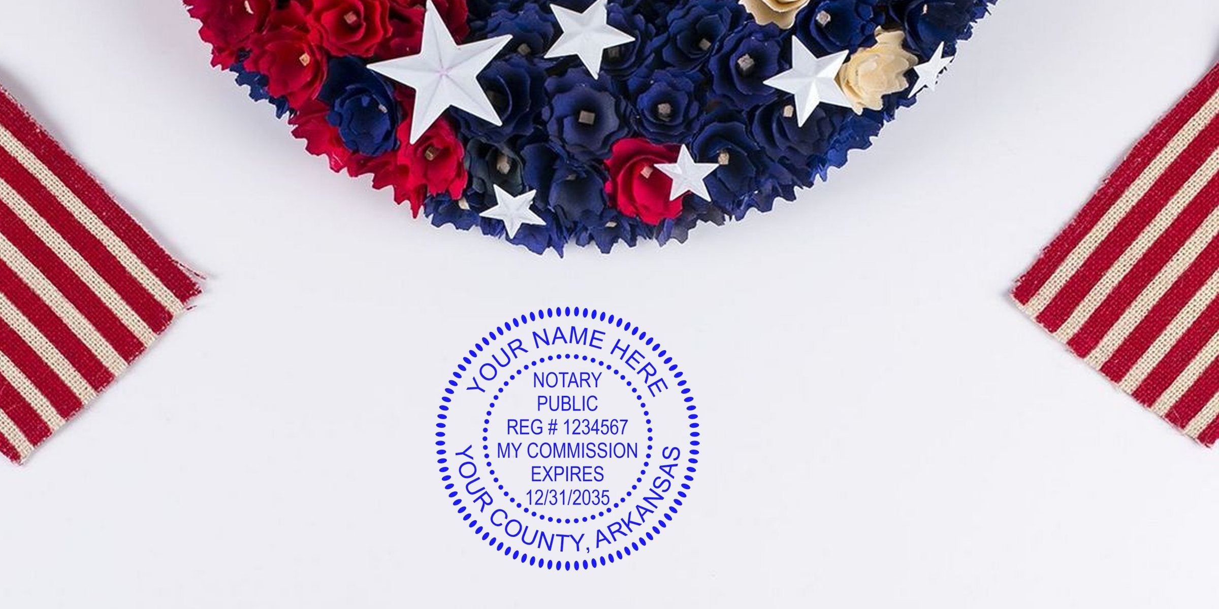 Red, white and blue floral wreath with white stars at top, two small striped American fabric flag pieces at left and right, blue circular notary public stamp on white background.