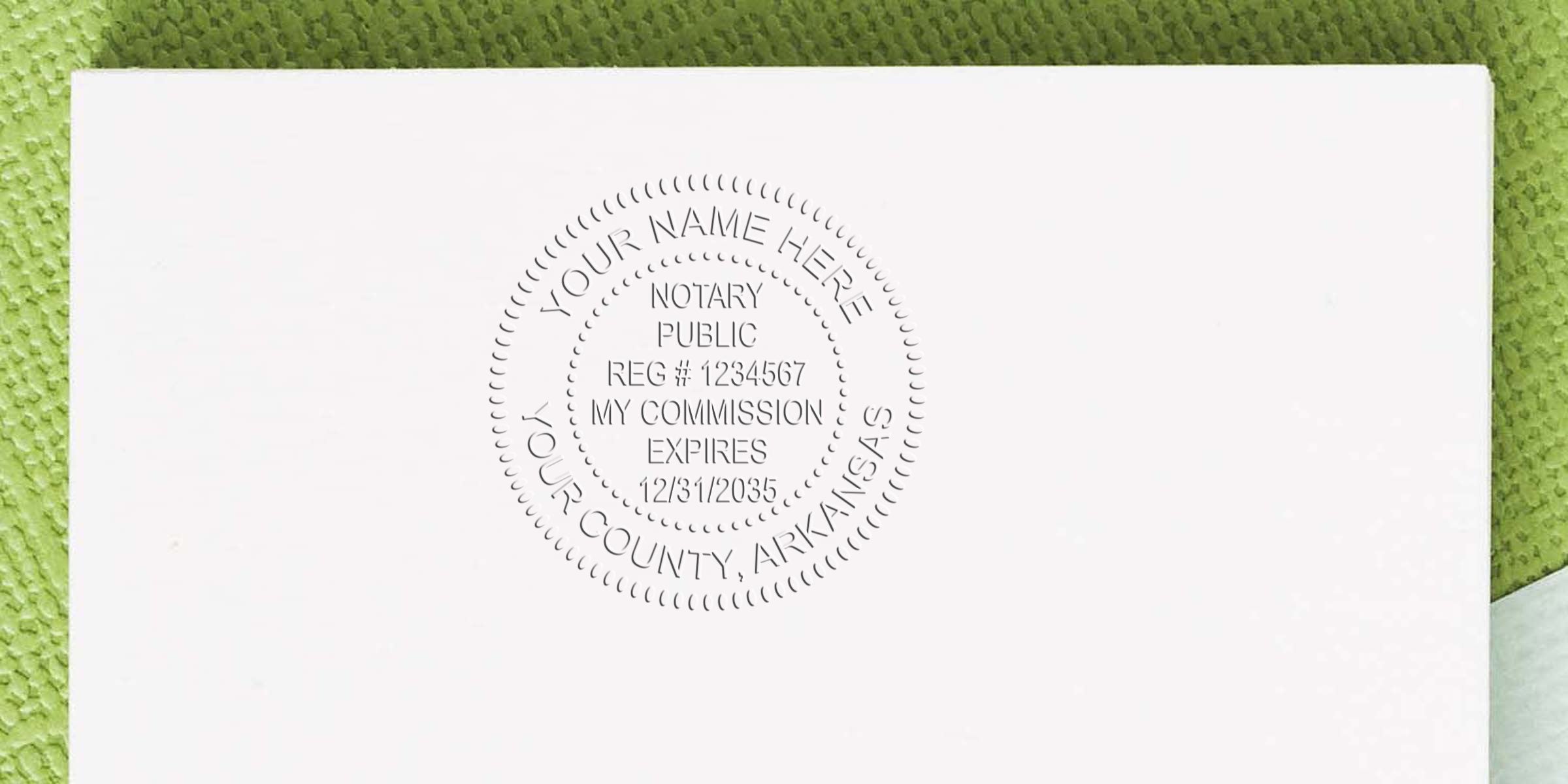 Embossed notary public seal on white paper showing circular impression with "Notary Public," registration number, commission expiration date and county text, photographed on a green textured background for official document use