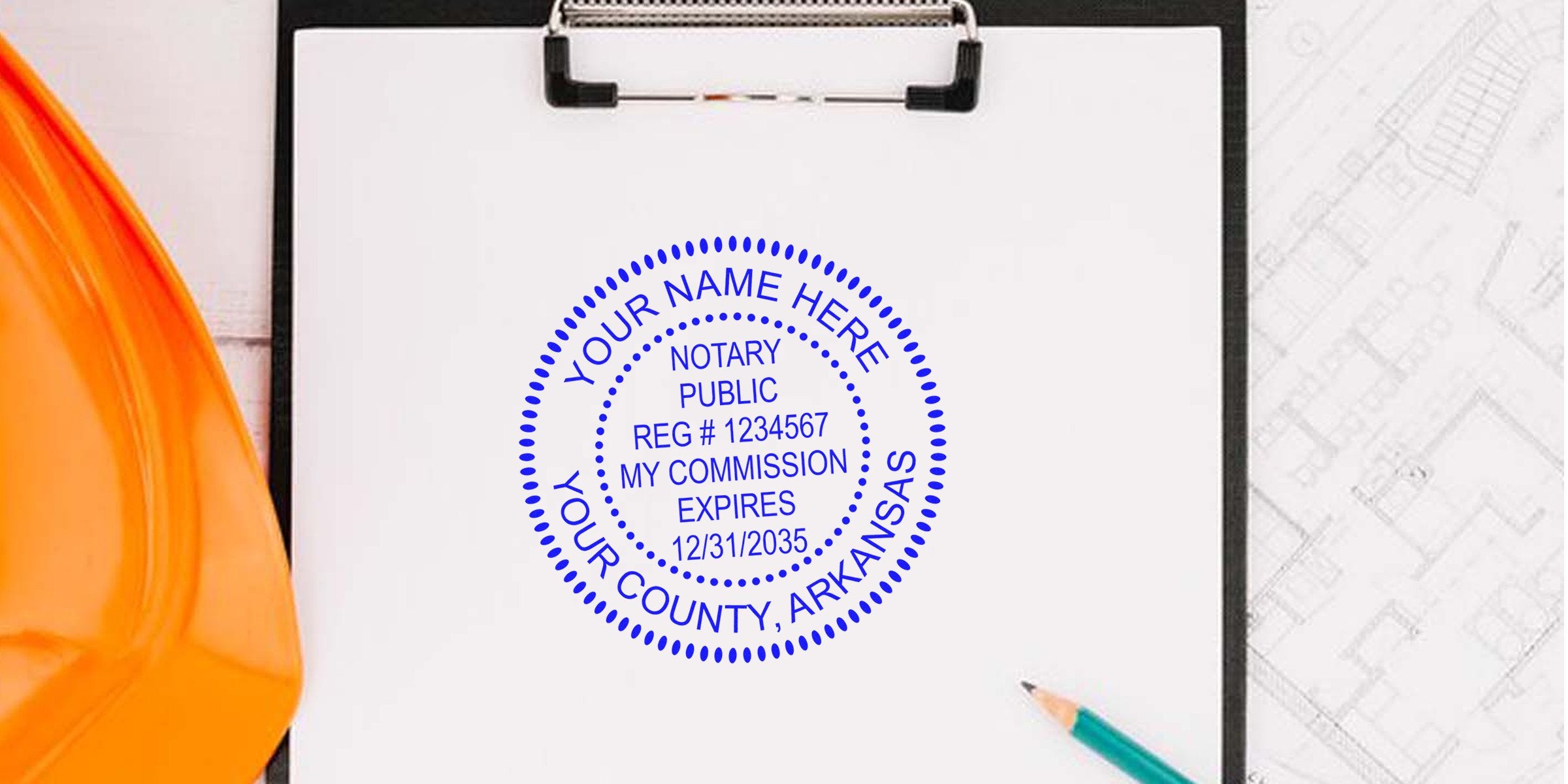 Clipboard with blank paper showing a blue circular notary public stamp mockup, orange construction hard hat, teal pencil and architectural blueprint — construction documentation, legal notary stamp, office stationery for contractors and architects