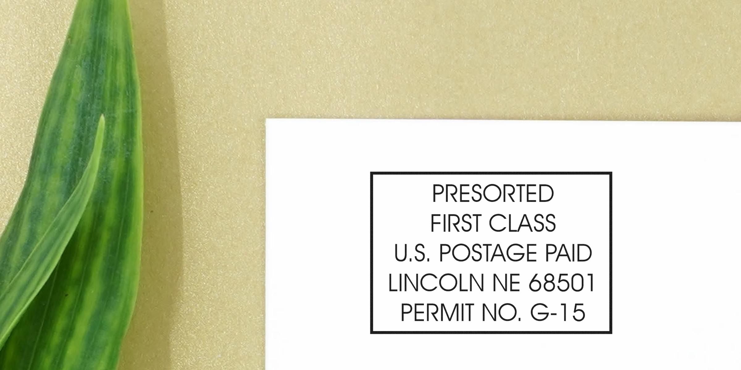 Envelope with a postage label reading: "Presorted First Class U.S. Postage Paid Lincoln NE 68501 Permit No. G-15."