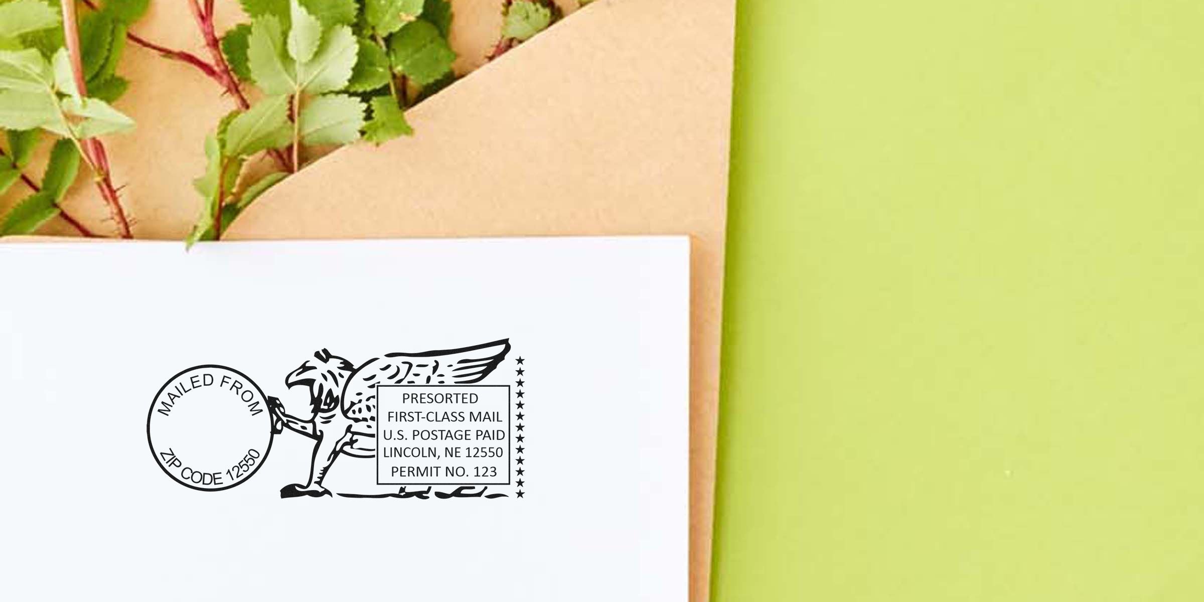 ALT: Postal stamp illustration showing "Mailed From ZIP Code 12550" beside a box of "Presorted First-Class Mail" text.