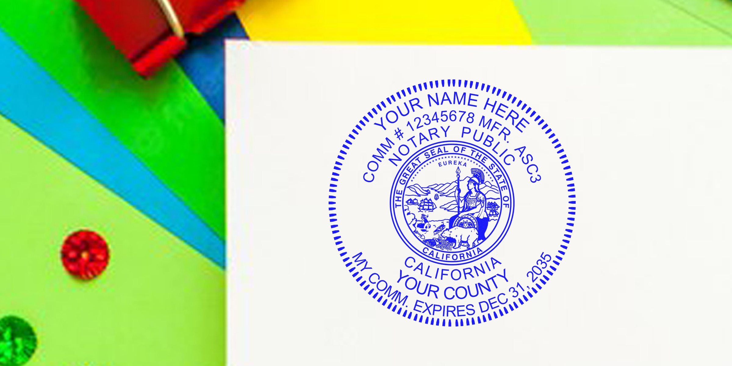Blue circular California notary public seal stamp on white paper featuring state emblem, placed over colorful craft-paper background