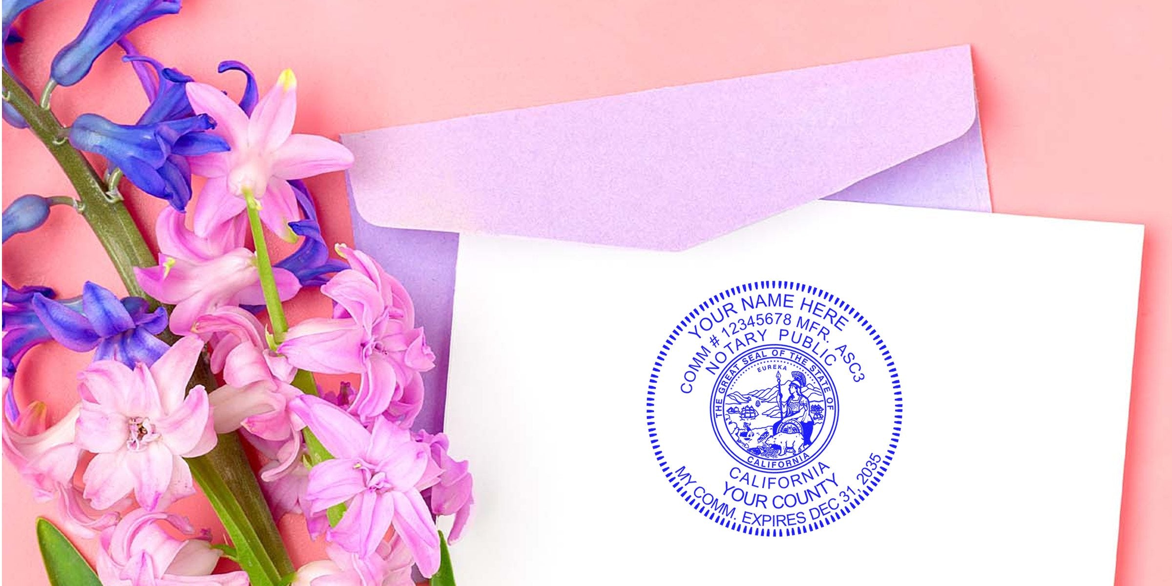 Pastel pink background with purple envelope, white paper showing blue California notary public seal and pink-purple hyacinth flowers nearby