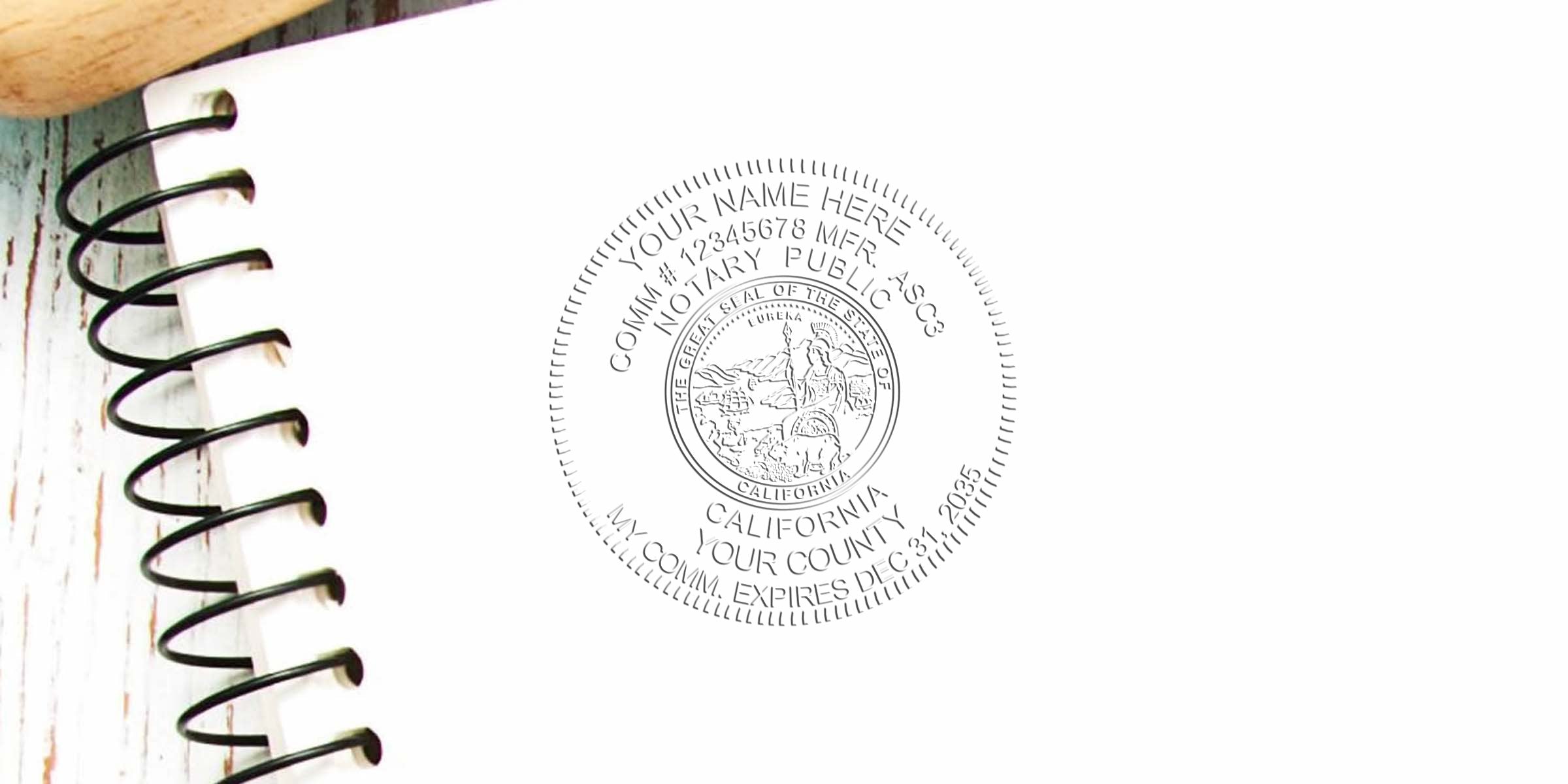 White spiral-bound notebook with an embossed California notary public seal centered on the page — California notary seal, embossed notary stamp, legal document accessory