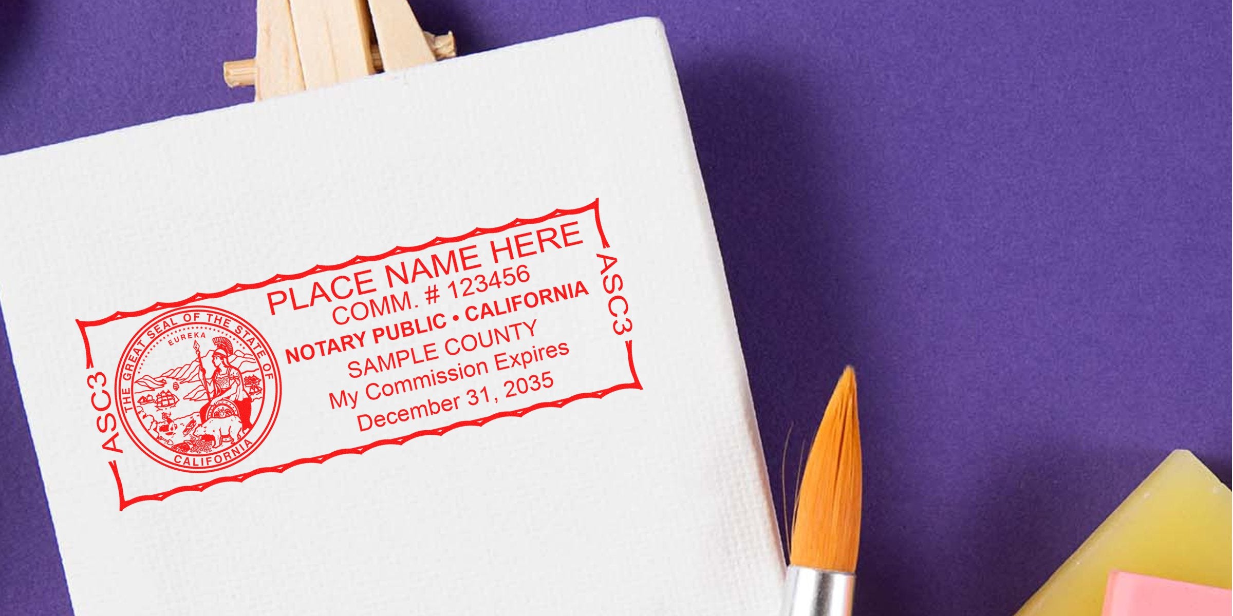 Red notary public stamp impression in red ink reading "Place Name Here" and California seal on white canvas, paintbrush and purple background