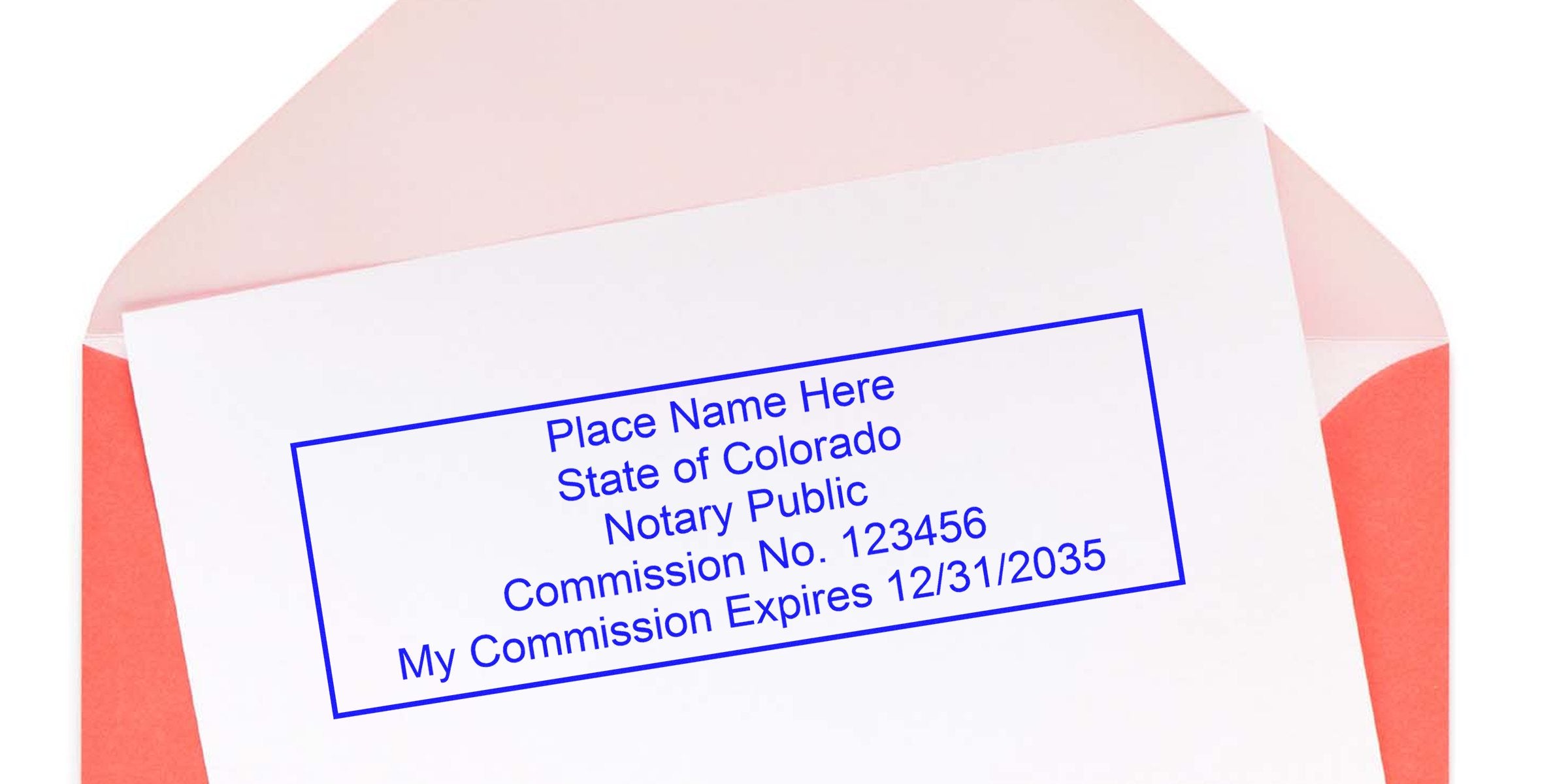 Envelope with a white card showing a blue notary public stamp: "State of Colorado Notary Public, Commission No. 123456, My Commission Expires 12/31/2035" inside a pink-red envelope.