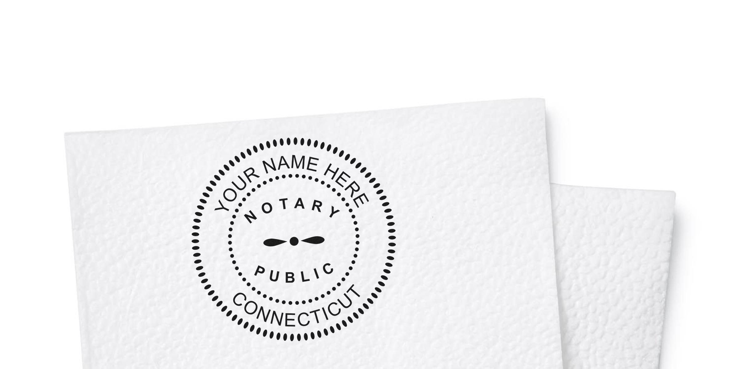 Embossed notary public seal mockup reading "Your Name Here, Notary Public, Connecticut" on textured white paper, round dotted stamp design for customizable notary branding