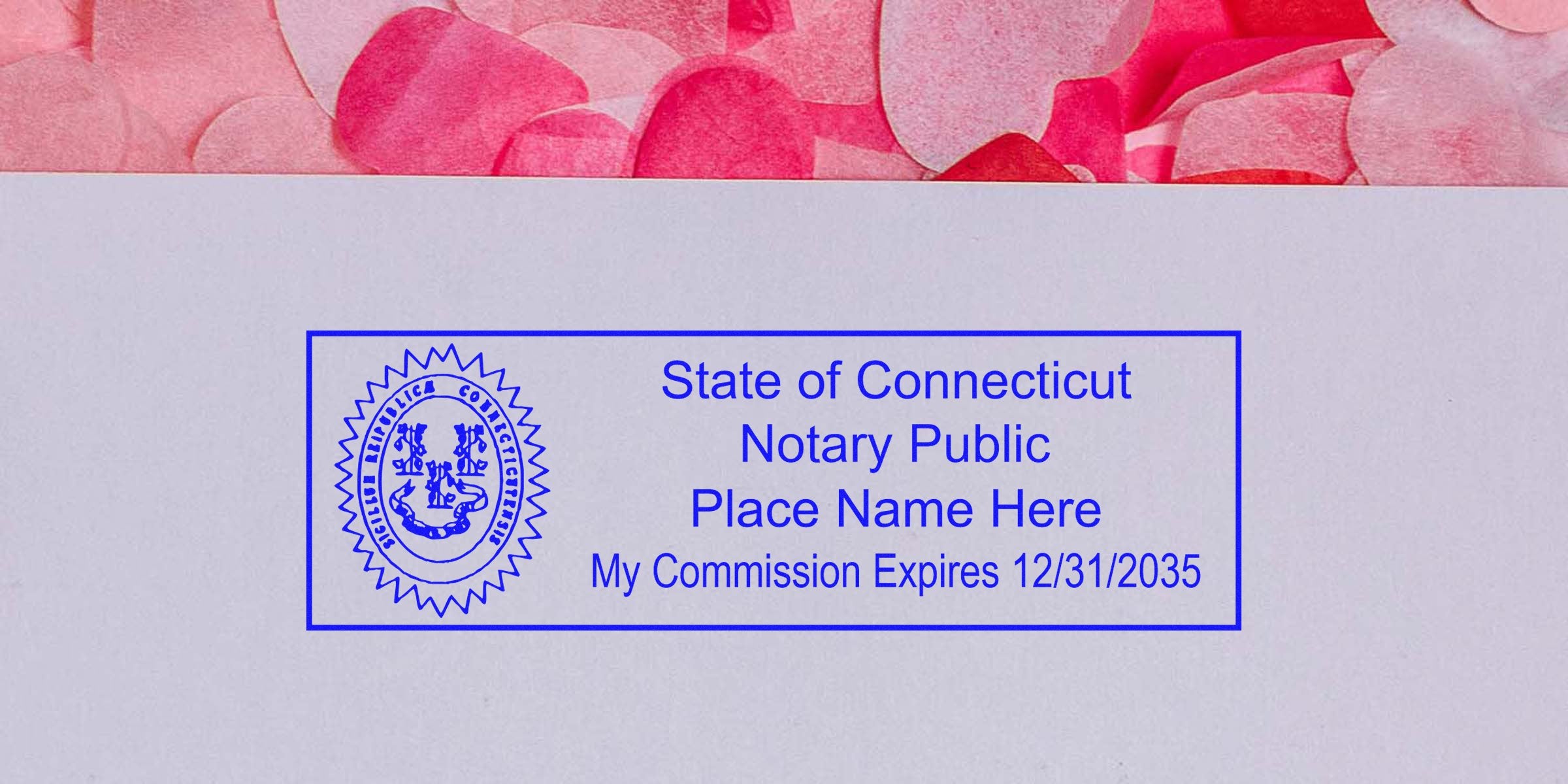 Blue Connecticut notary public stamp with state seal, placeholder name text and commission expiration date 12/31/2035 on light paper background with pink petal accents.