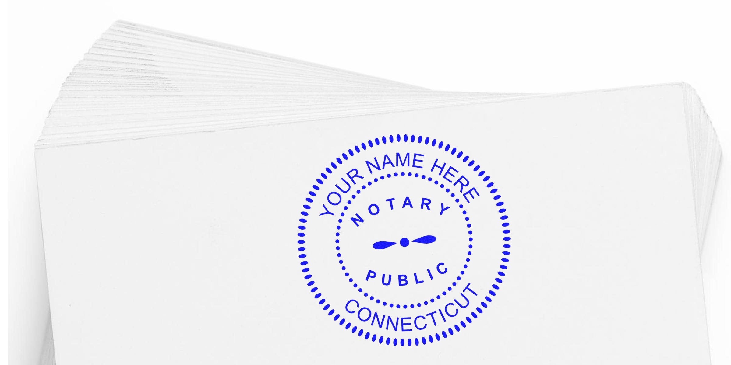 Stack of white business cards featuring a blue circular "Notary Public" stamp with "Your Name Here" and "Connecticut" text