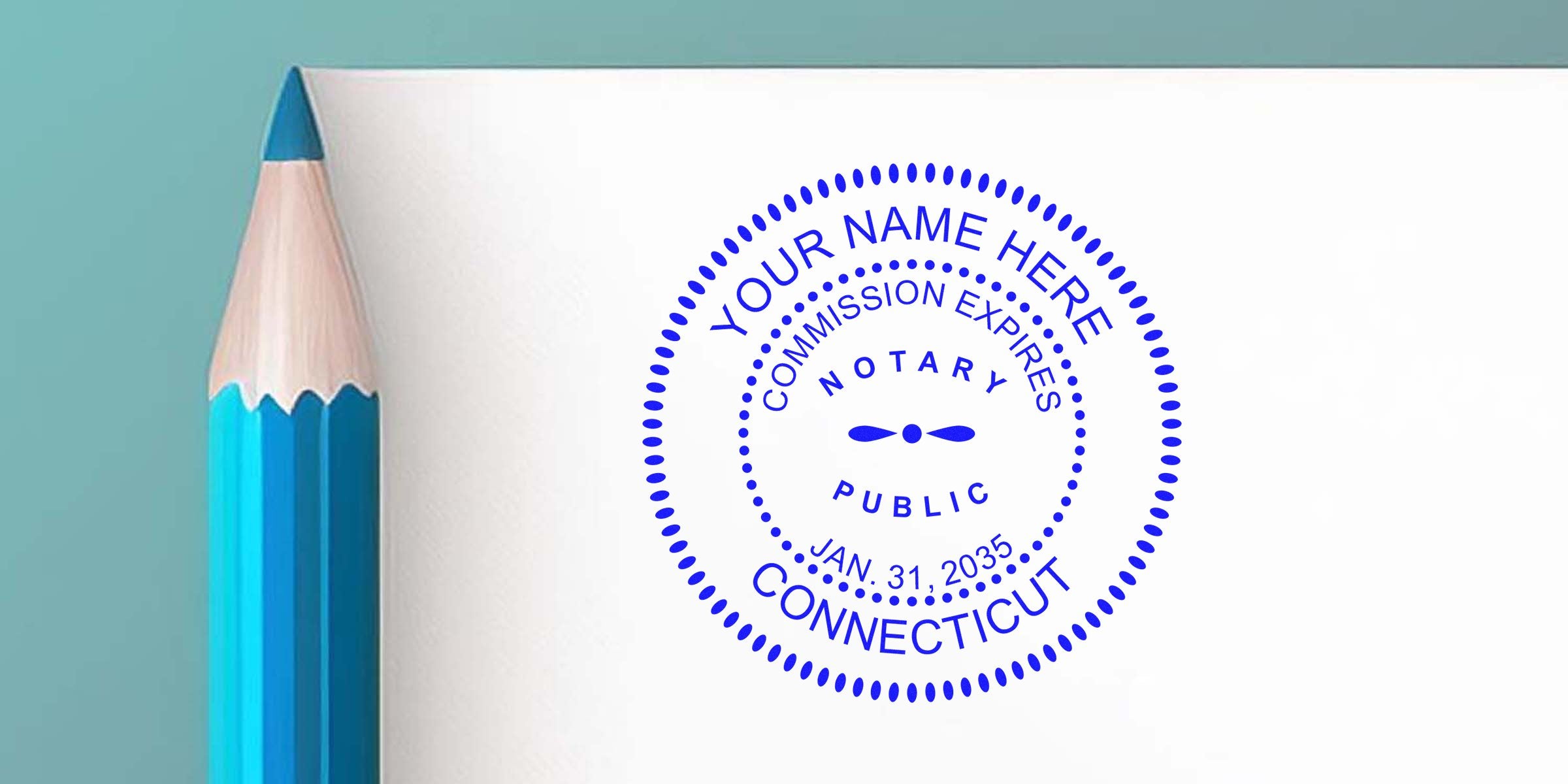 Close-up of a blue colored pencil beside a blue circular notary public stamp on white paper reading "Your Name Here," "Commission Expires Jan. 31, 2035," "Connecticut"—customizable notary seal