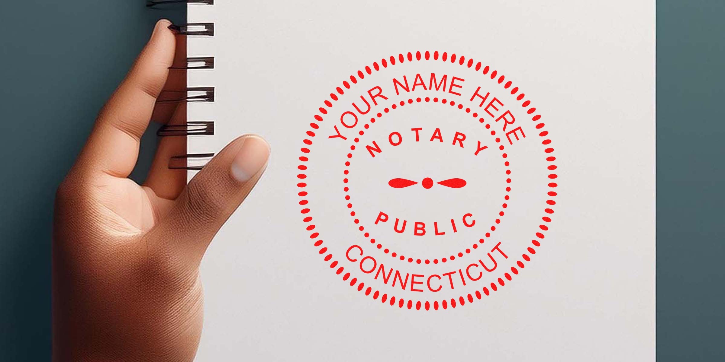 Hand holding spiral notebook showing red circular "Notary Public Connecticut" seal mockup with placeholder "Your Name Here" stamp.