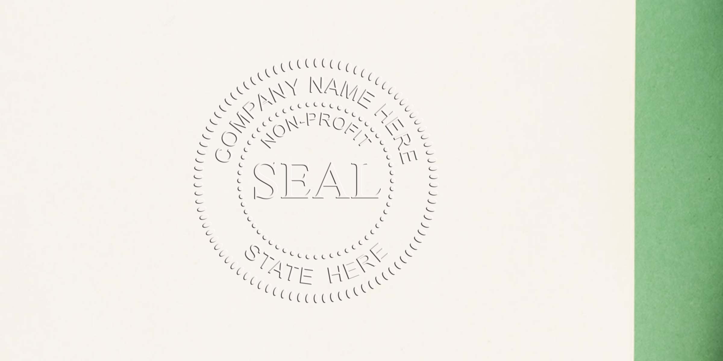 Circular seal stamp with the words “COMPANY NAME HERE,” “NON-PROFIT,” and “STATE HERE.”