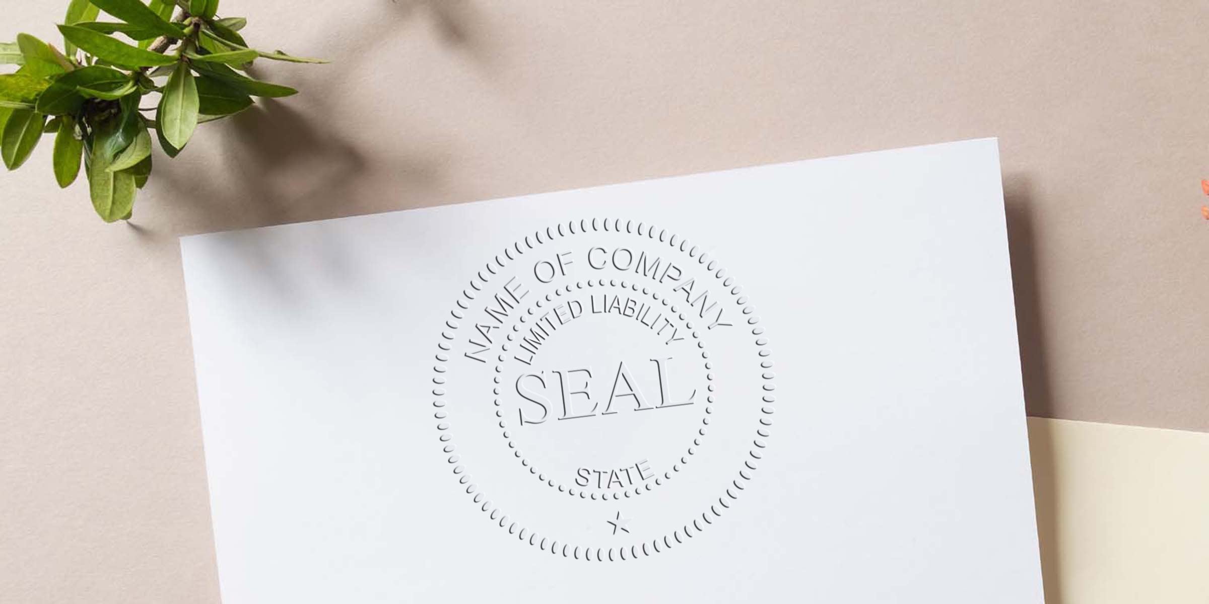 A white document on a beige background featuring a circular embossed seal with the words “NAME OF COMPANY,” “LIMITED LIABILITY,” and “SEAL.”