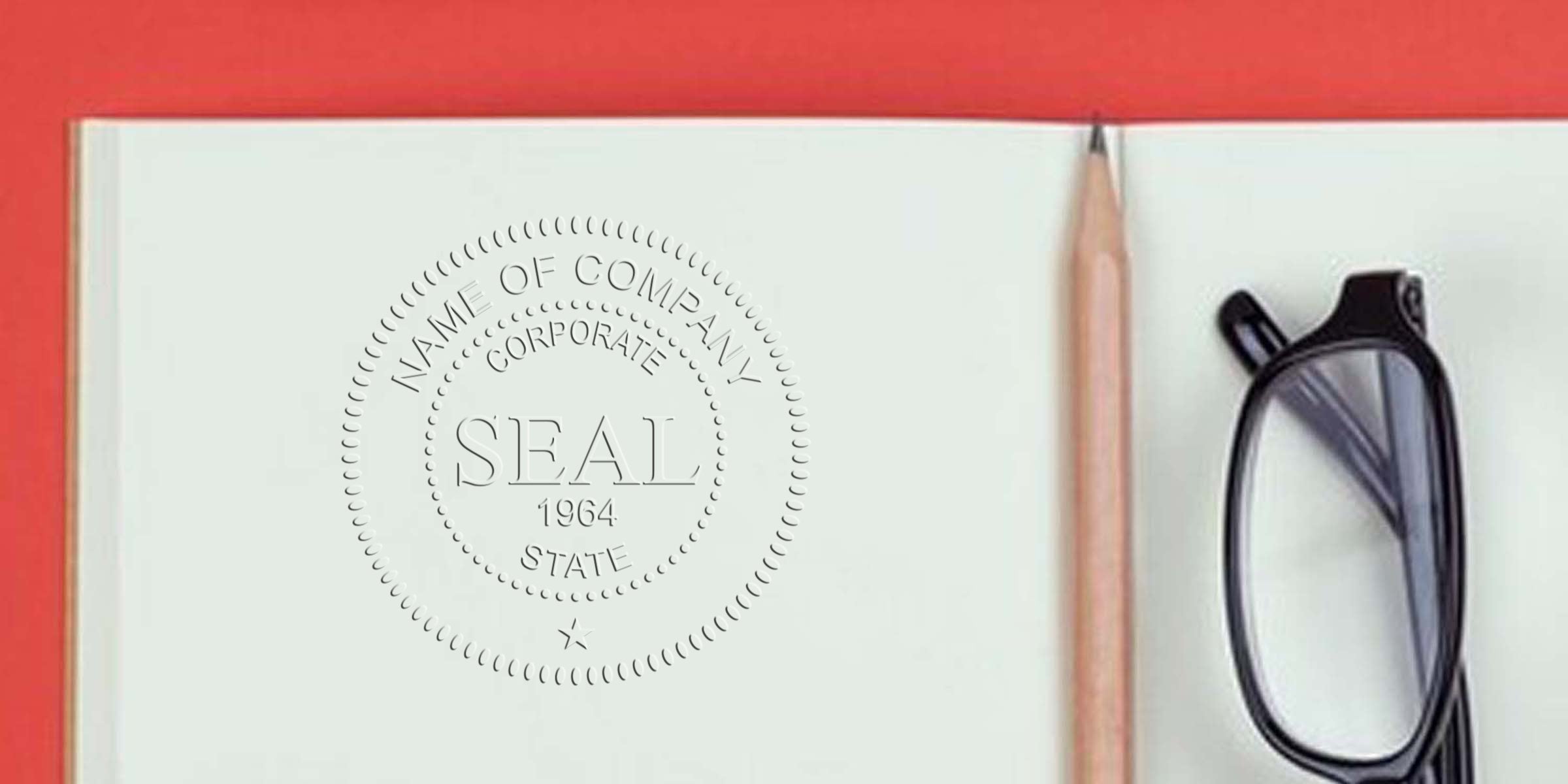 Embossed corporate seal on a page reading “SEAL 1964 STATE,” with a pencil and glasses nearby.