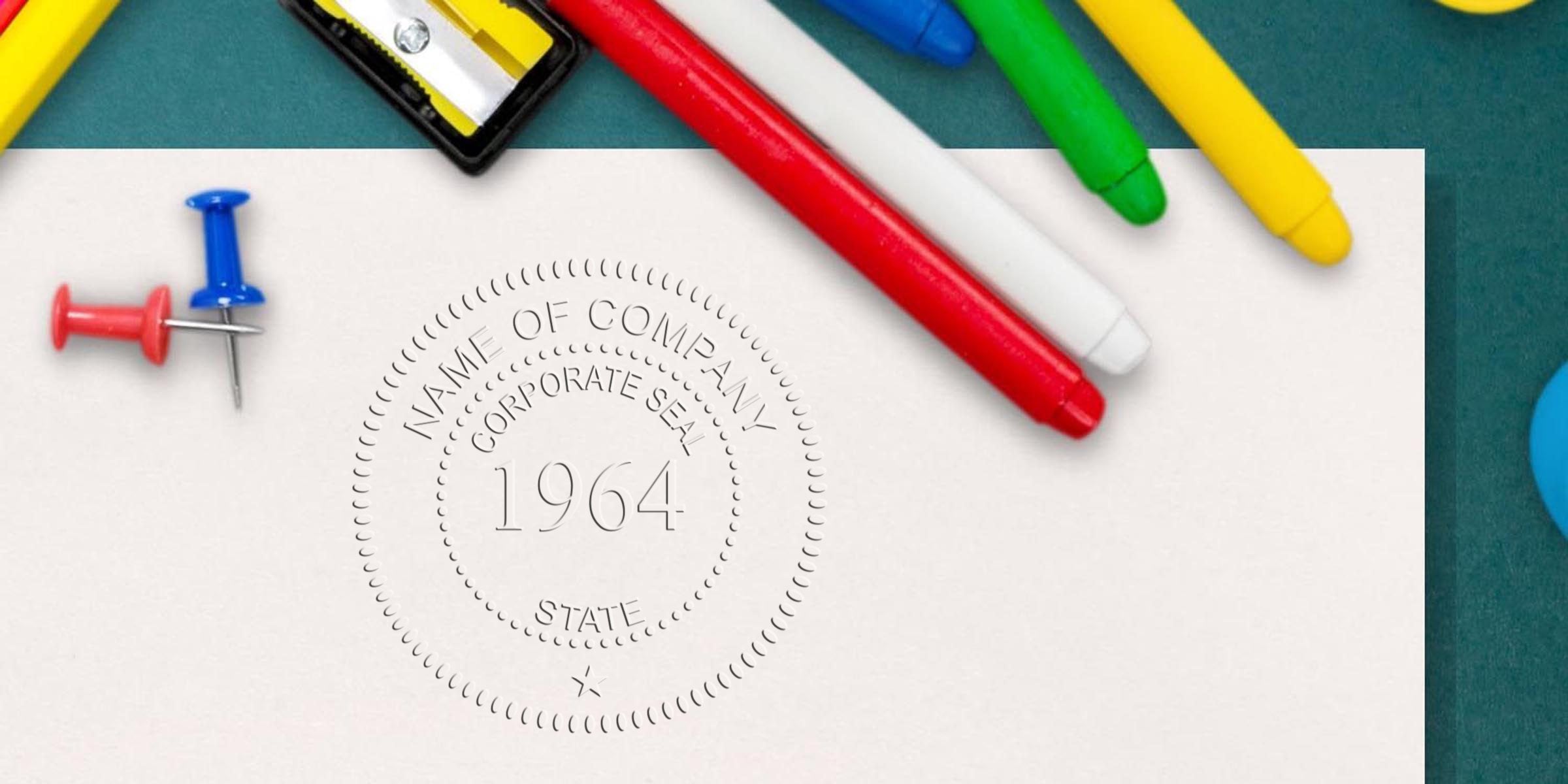 A document with a circular embossed seal reading 1964, surrounded by decorative rings, with colorful pens, markers, and pushpins around it.