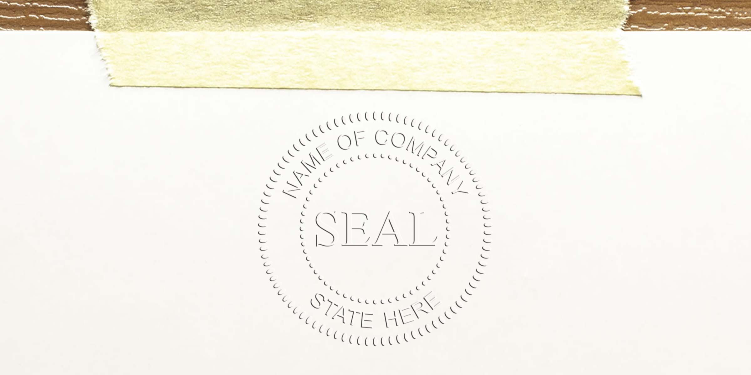 Circular seal stamp with a dotted inner circle and the word SEAL in the center; edge text reads "NAME OF COMPANY" and "STATE HERE."