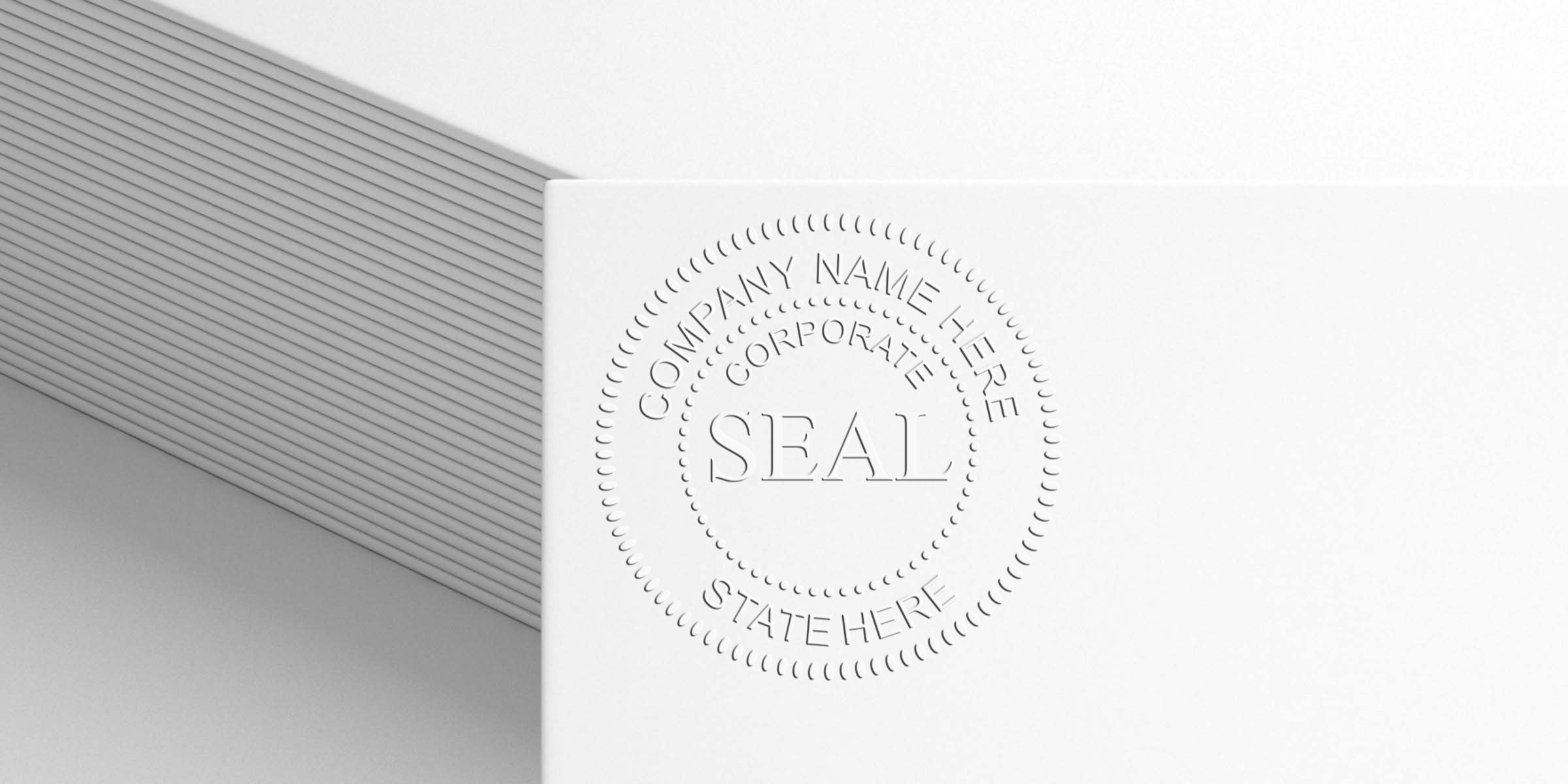 Embossed circular seal with “COMPANY NAME HERE” around the edge and “SEAL” in the center.