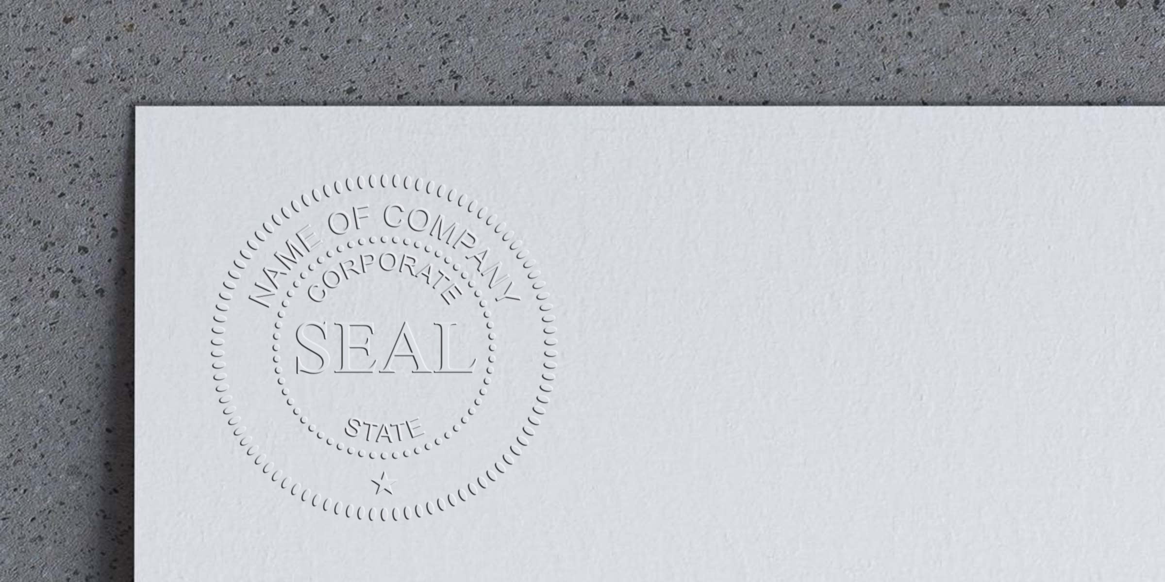 Embossed white card with a circular seal reading “SEAL” and the words “NAME OF COMPANY” around it.