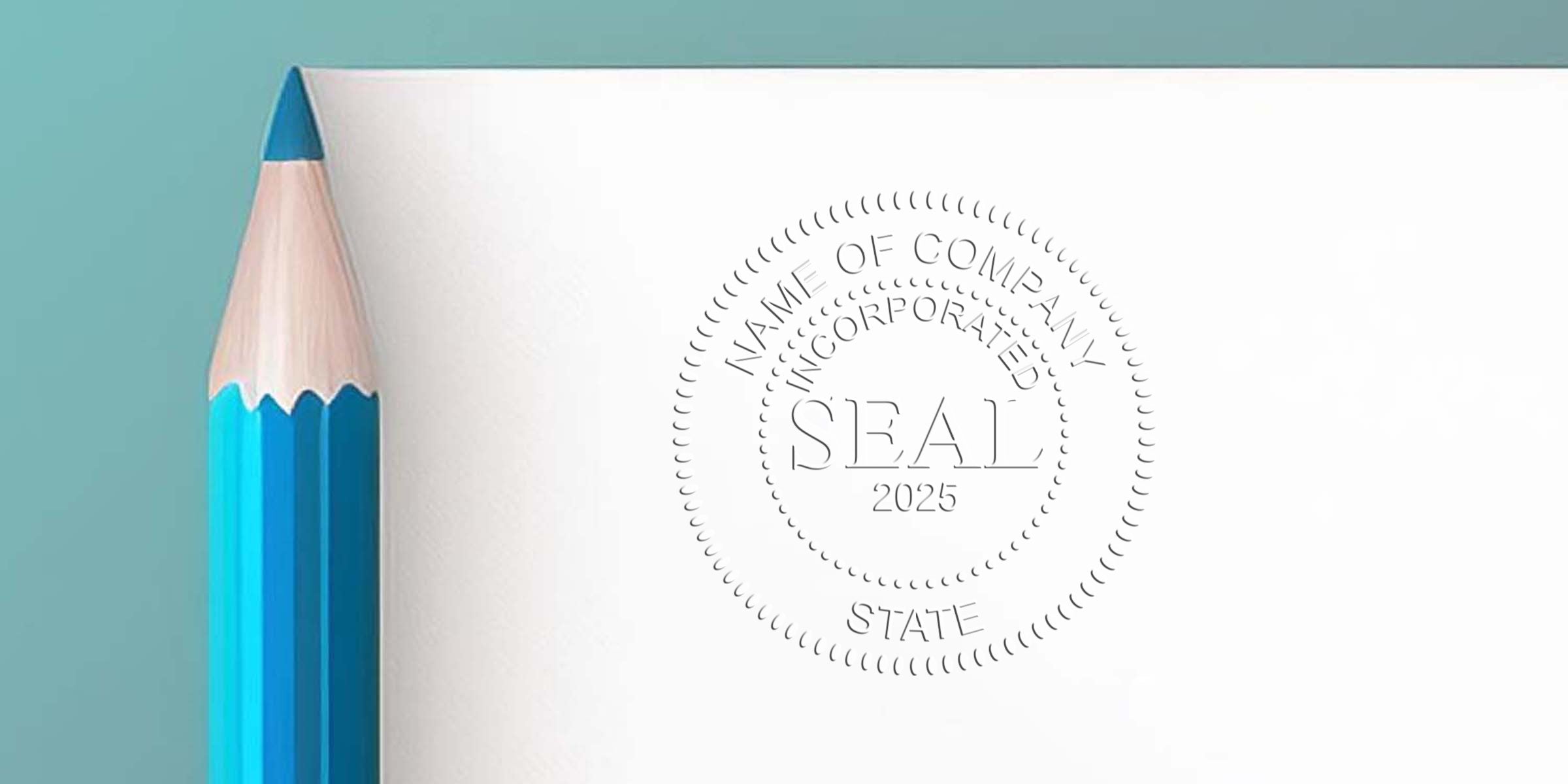 Close-up of a blue pencil beside a white page featuring a circular embossed seal with the word SEAL and the year 2025.