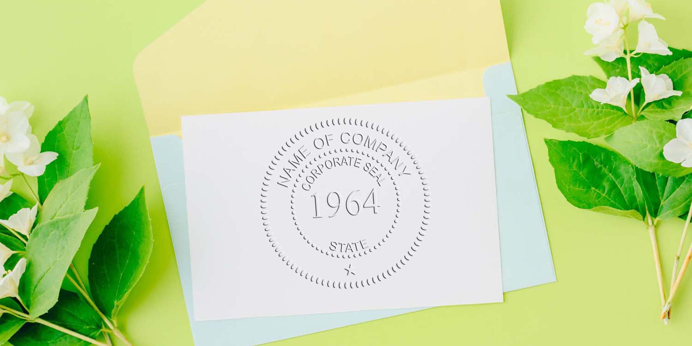 Embossed circular seal with the year 1964 on a white card, surrounded by pastel envelopes and green leaves.