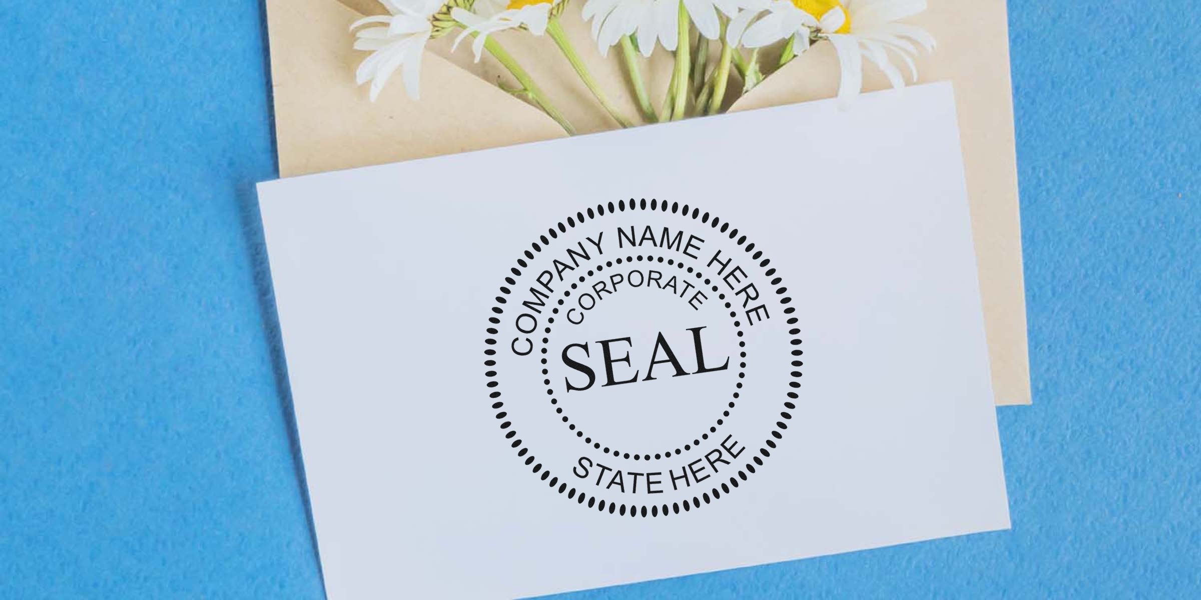 A light blue card with a black circular corporate seal reading “COMPANY NAME HERE” around the edge, “CORPORATE” inside, and “SEAL” in the center, with a bouquet of white daisies in the background.