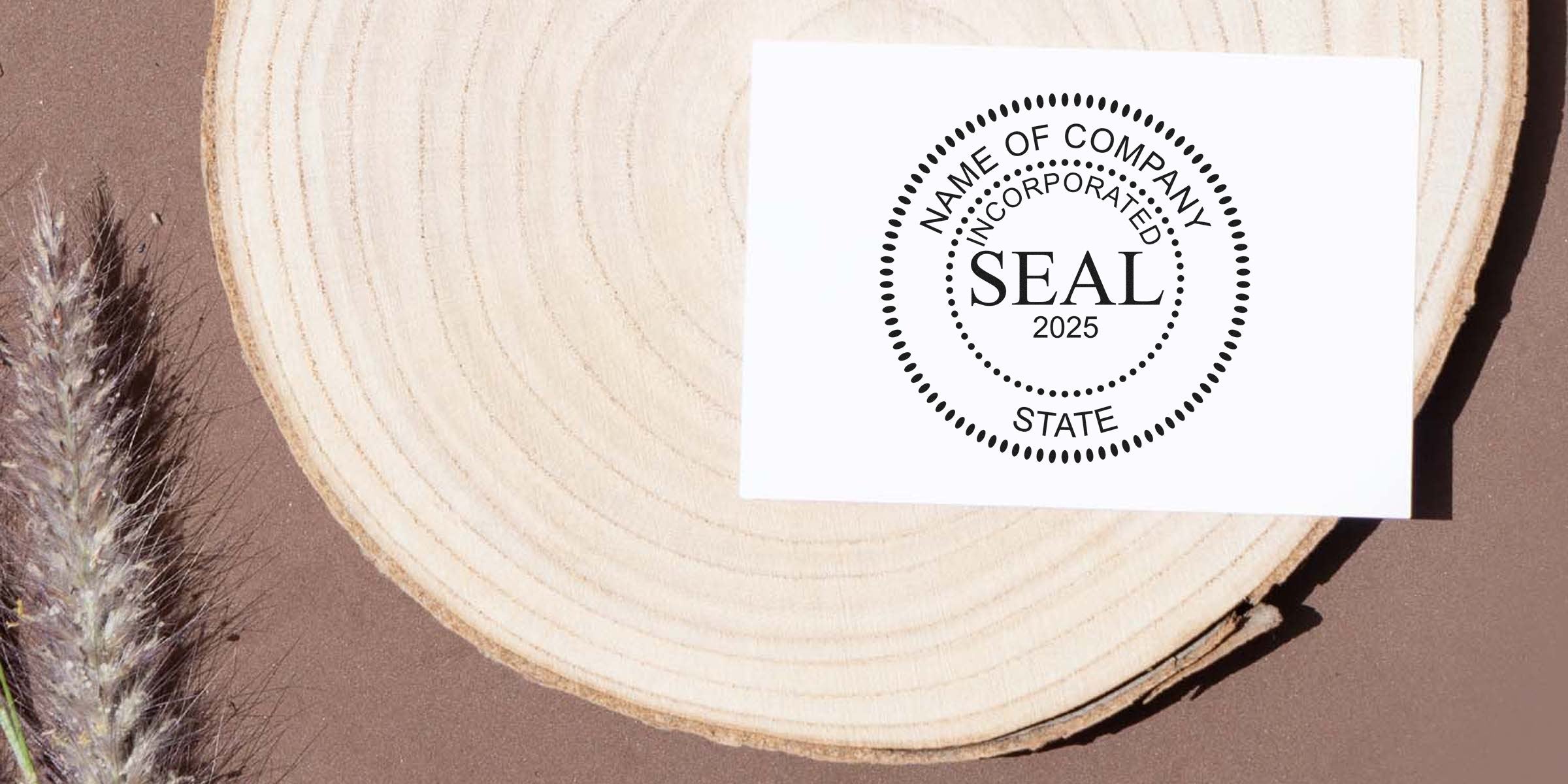 A white card with a circular black seal reading “NAME OF COMPANY INCORPORATED SEAL 2025 STATE” sits on a light wooden surface with dried grass nearby.