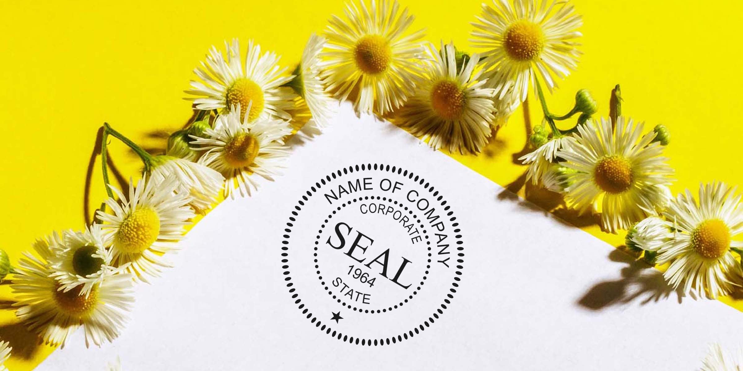 White sheet with a black circular company seal reading SEAL and 1964, surrounded by white daisies on a bright yellow background.