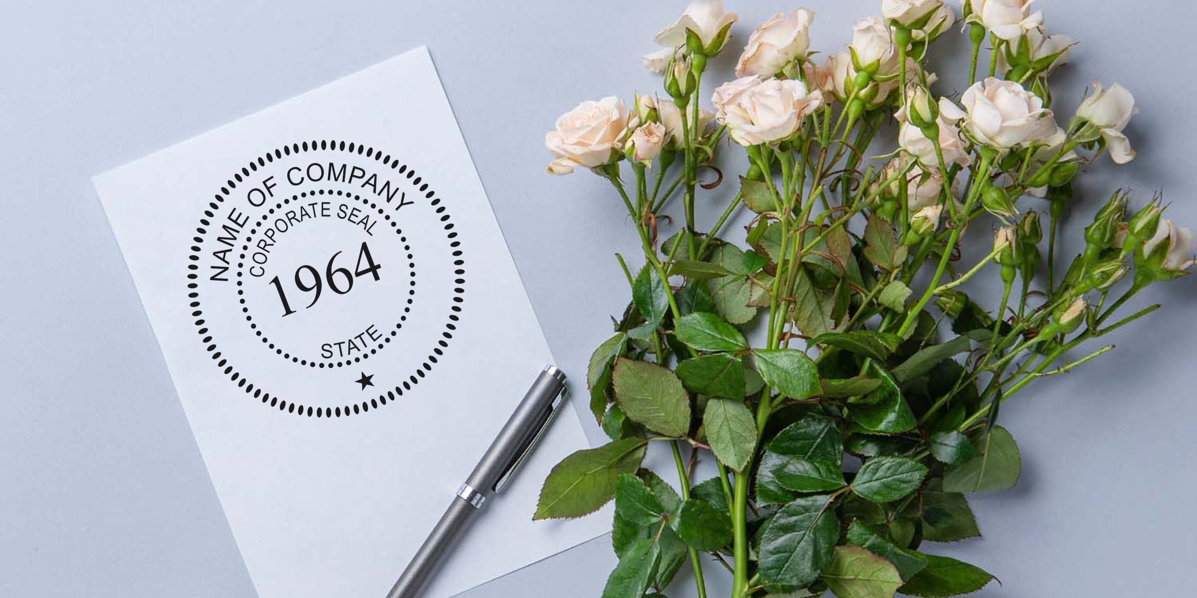 Close-up of a white card with a circular “corporate seal” showing the year 1964, placed beside a bouquet of pale roses and a silver pen.