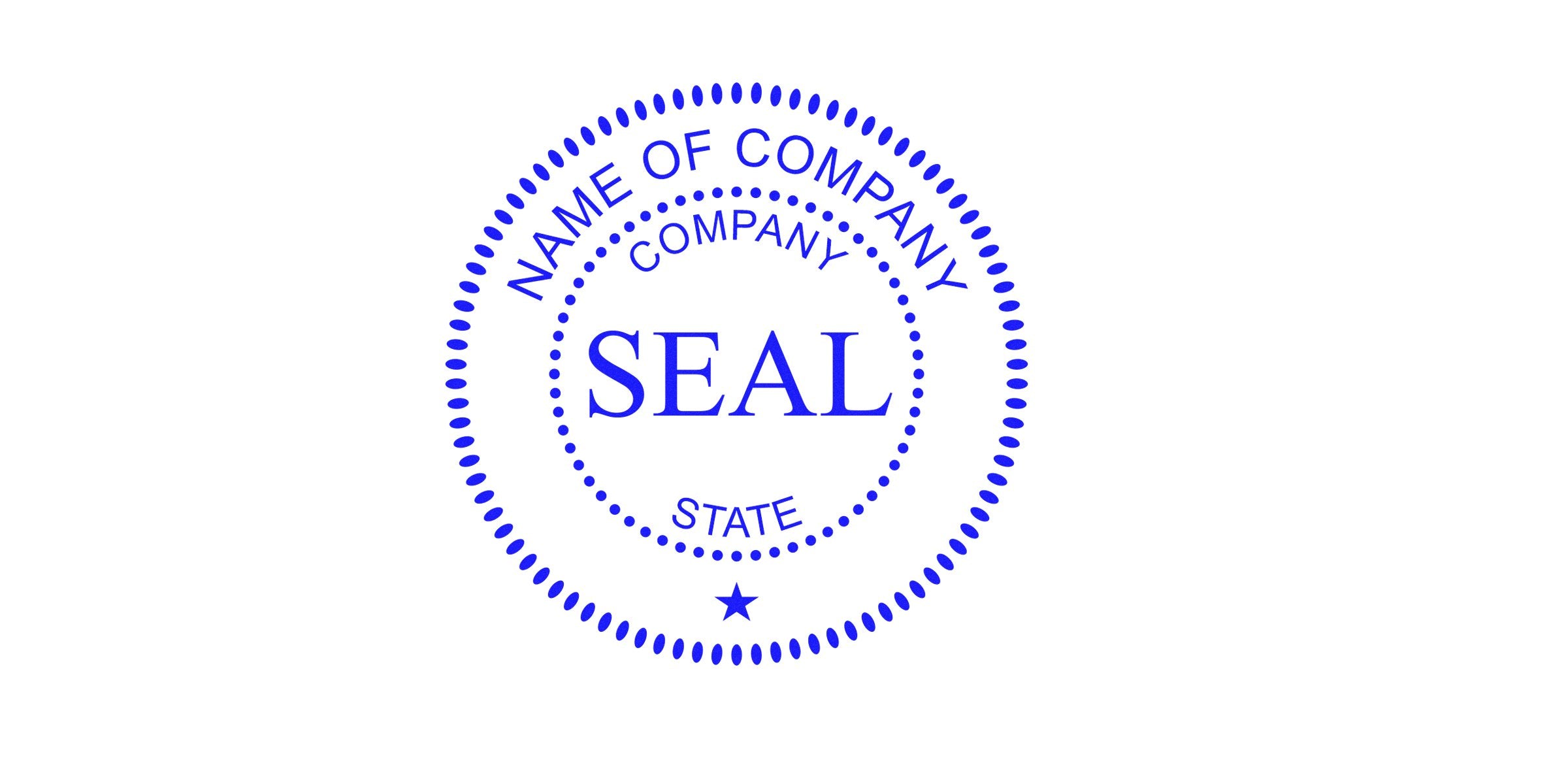Blue circular seal stamp with the word SEAL in the center, surrounded by "NAME OF COMPANY," "COMPANY," and "STATE" text and a small star at the bottom.