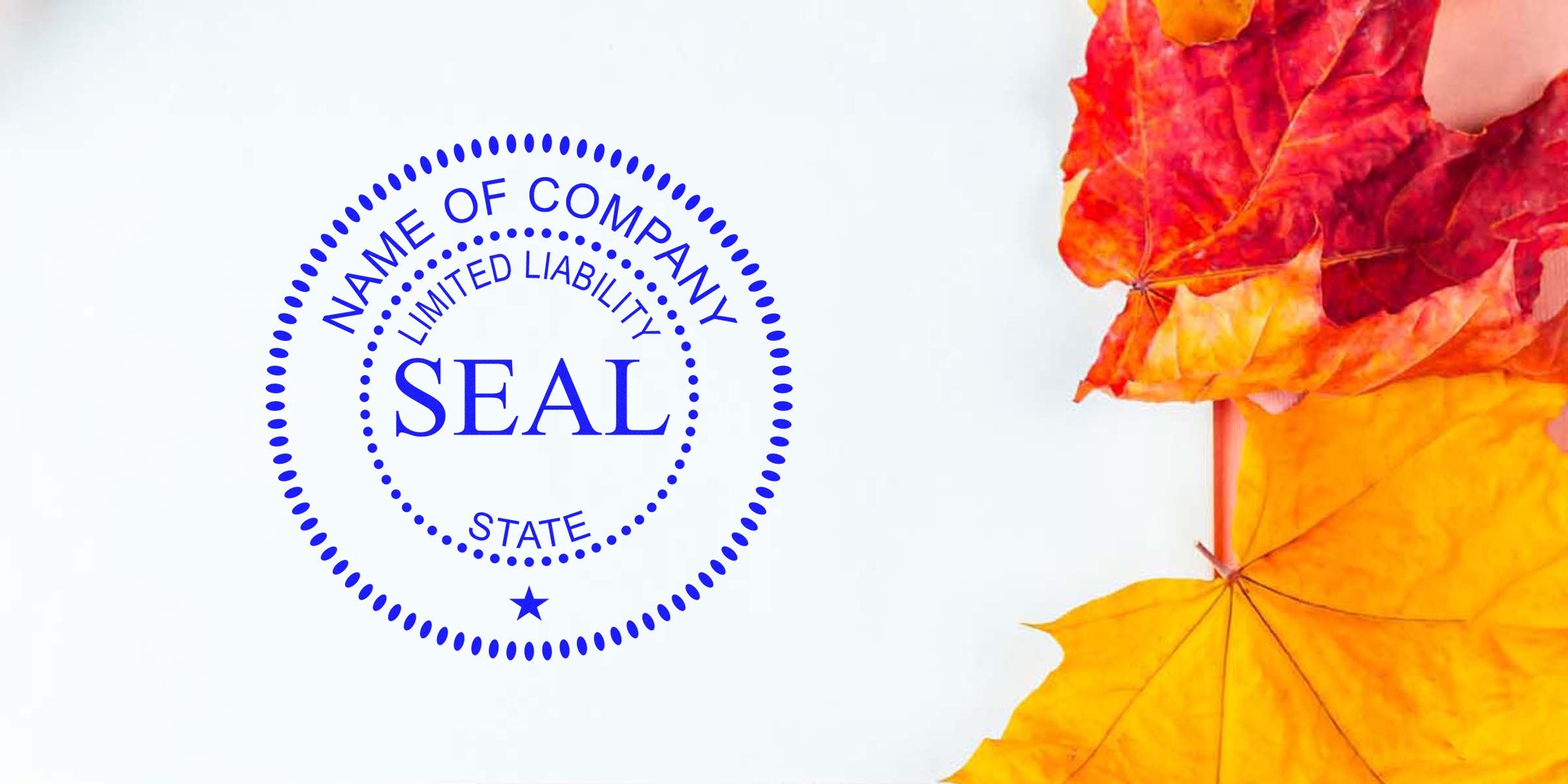 Blue circular company seal stamp with the word SEAL in the center and autumn leaves on the right.