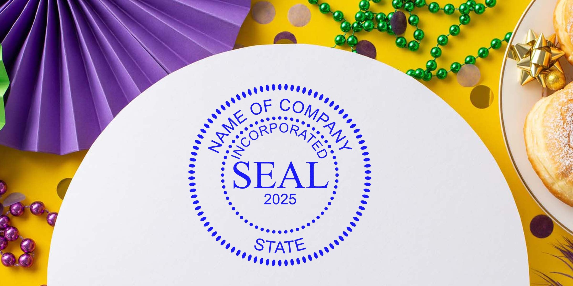Circular blue seal with the word “SEAL” and “2025” in the center, surrounded by dotted rings, on a festive yellow background.