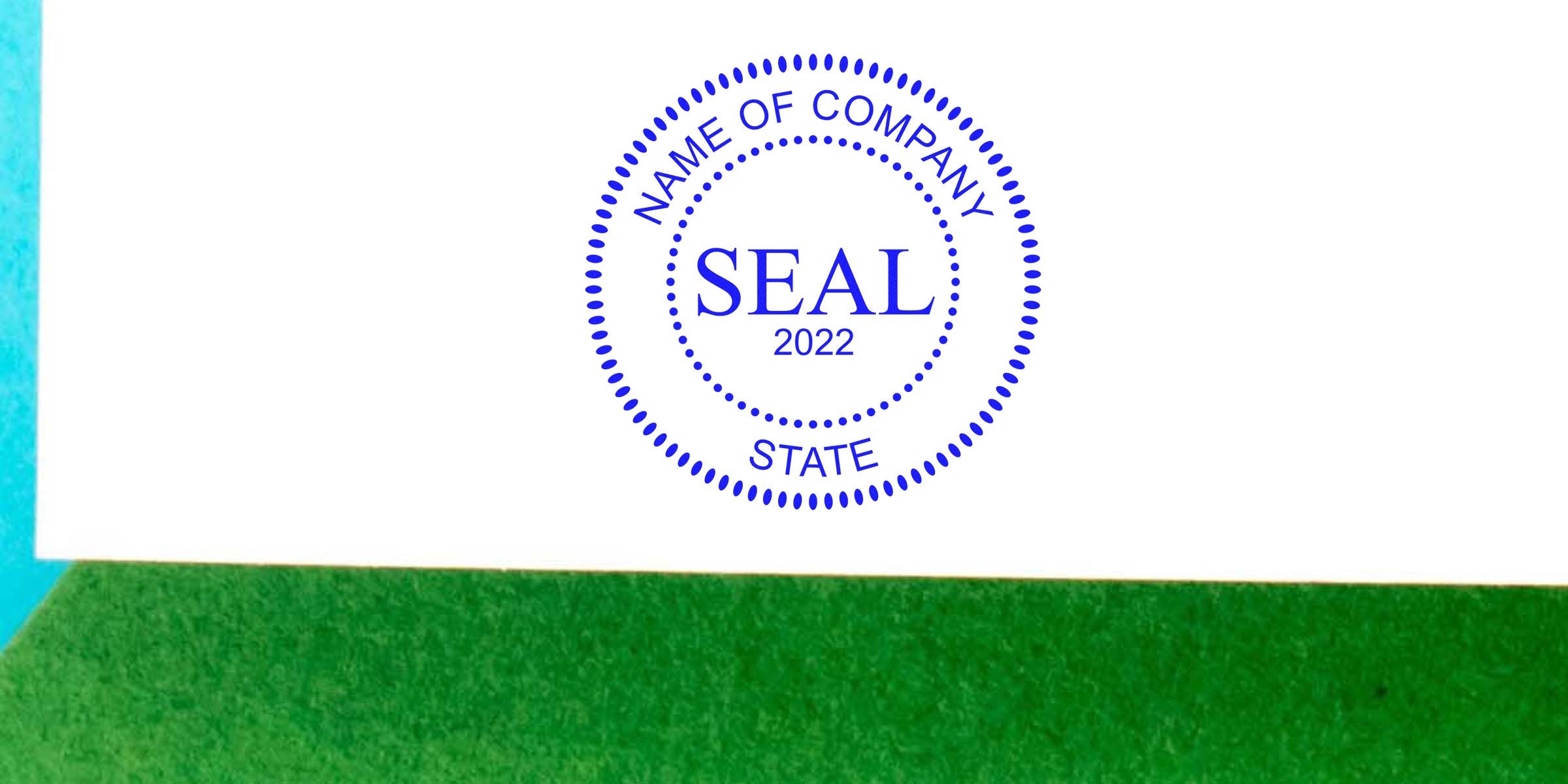 Blue circular seal stamp reading "SEAL 2022" with the text "NAME OF COMPANY" around the outer ring, on a white background.