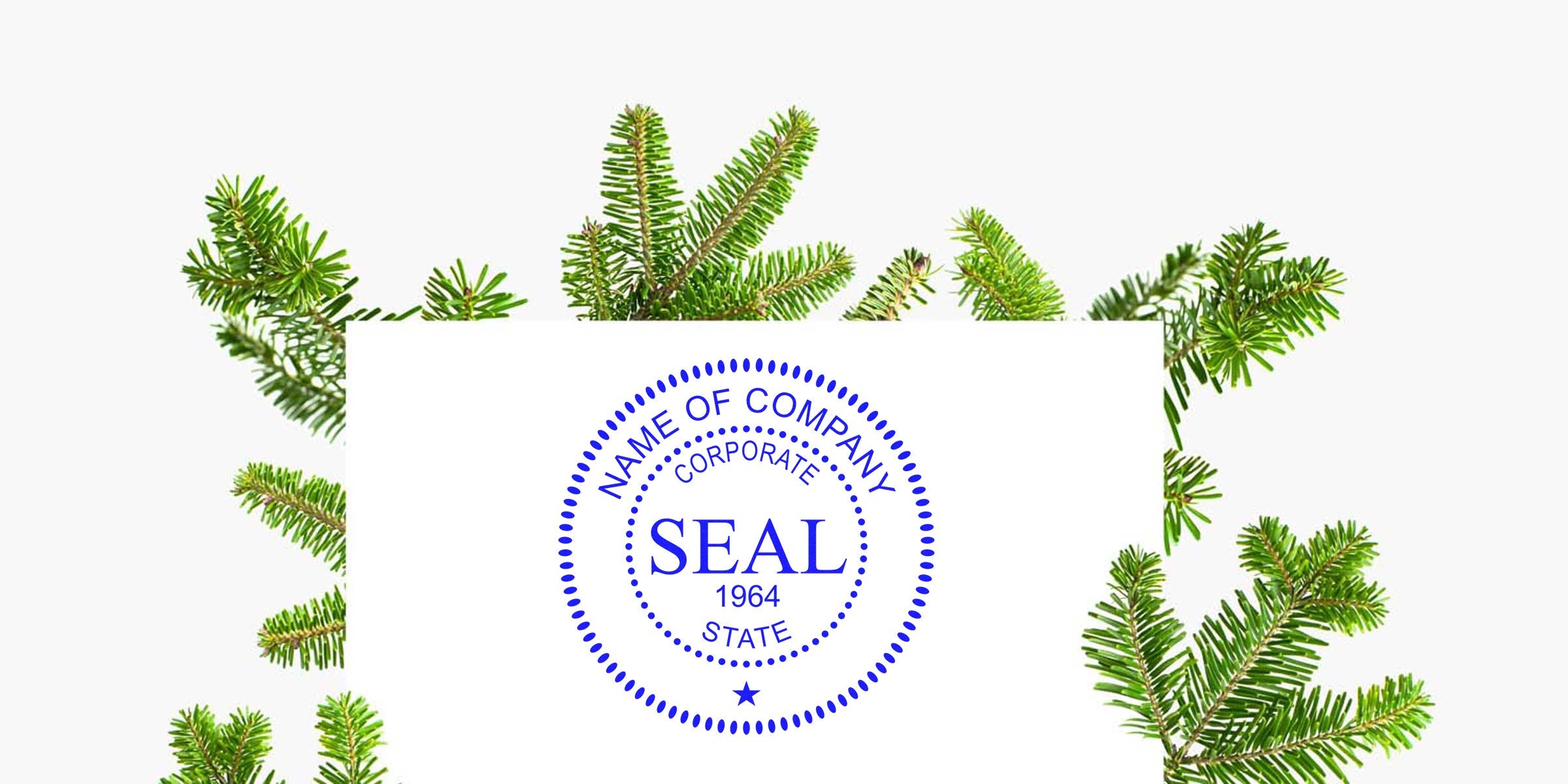 Blue circular seal with the word SEAL and 1964 on a white card, surrounded by green pine branches.