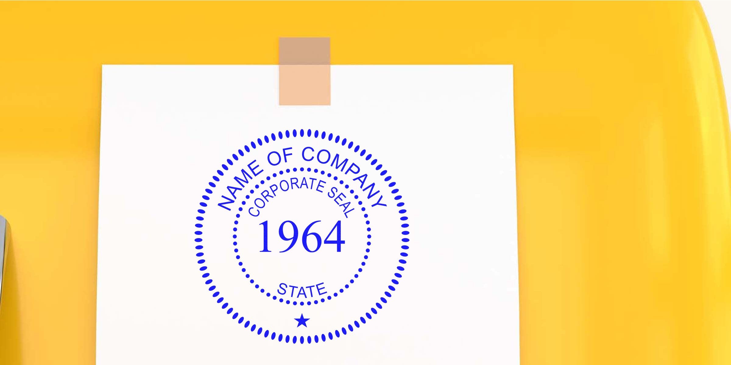 White sheet taped to a yellow background featuring a blue circular corporate seal with the year 1964.