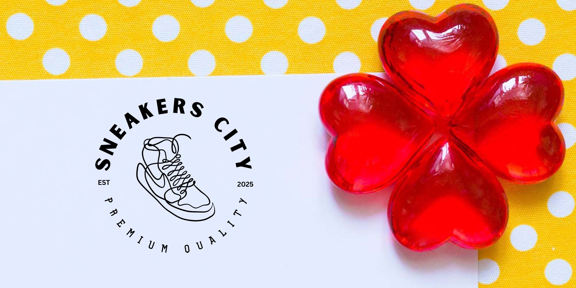 Sneakers City circular black sneaker logo on white card beside a red translucent heart-shaped four-leaf clover on yellow polka-dot fabric, bright branded product image