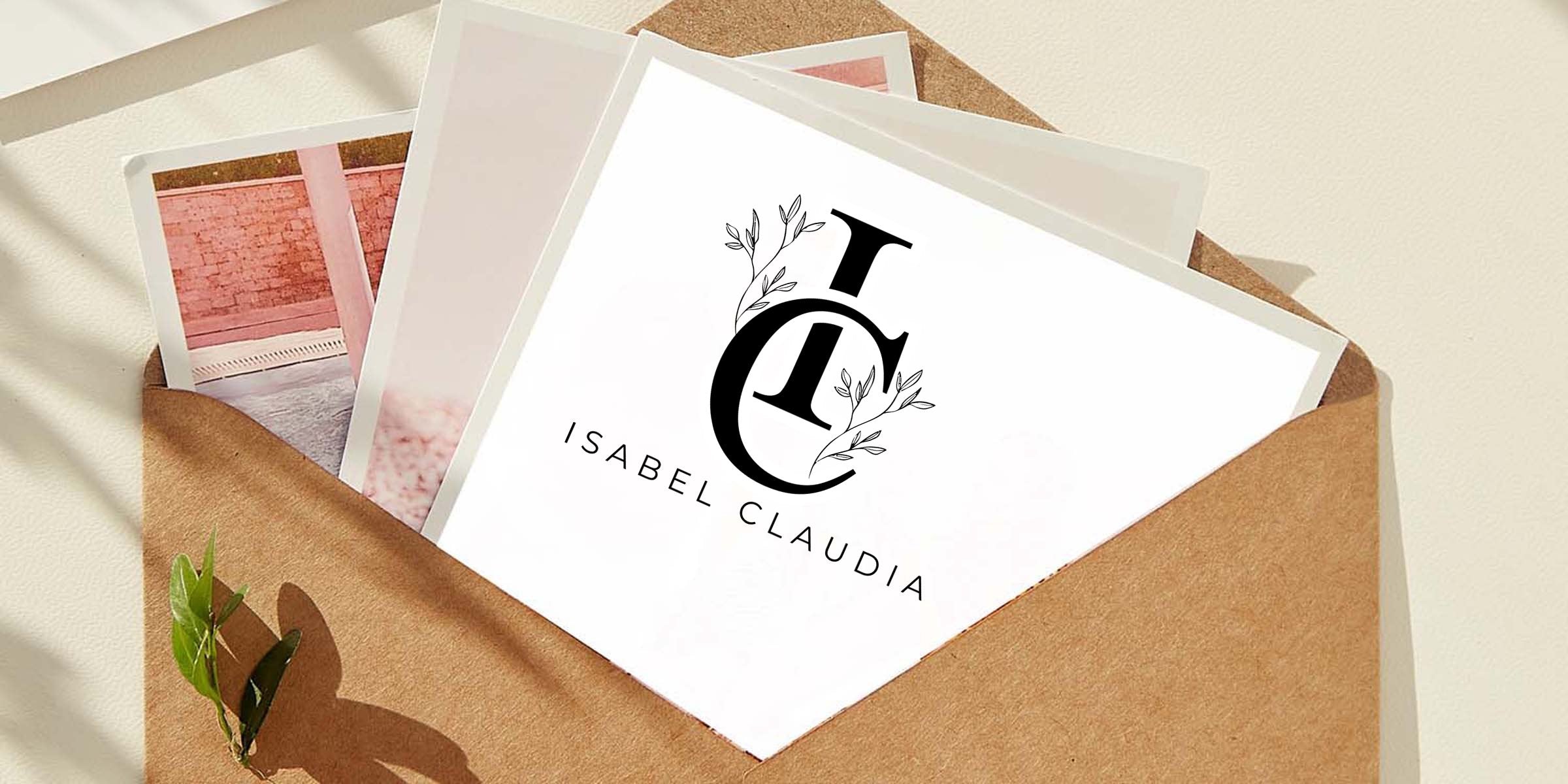 Isabel Claudia logo mockup: minimalist black botanical monogram printed on white card inside kraft envelope, flat lay stationery photo with layered polaroid-style prints and soft natural shadows for branding and wedding invitation design.