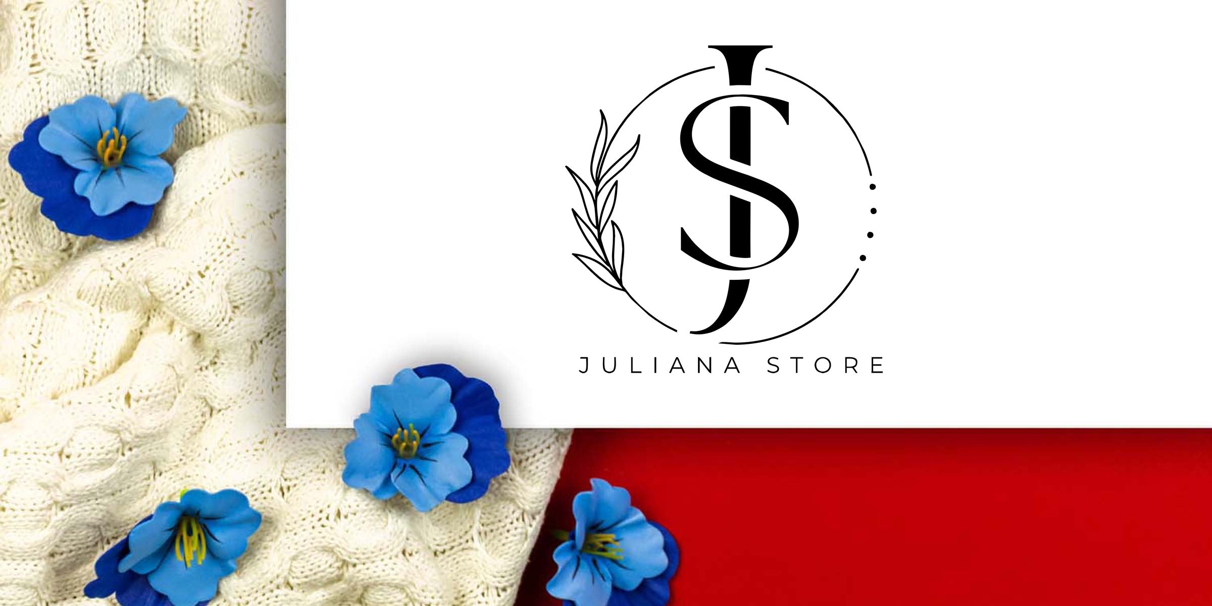 Juliana Store black monogram logo (JS) in circular wreath on white card over cream knitted blanket and red background with scattered blue fabric flowers