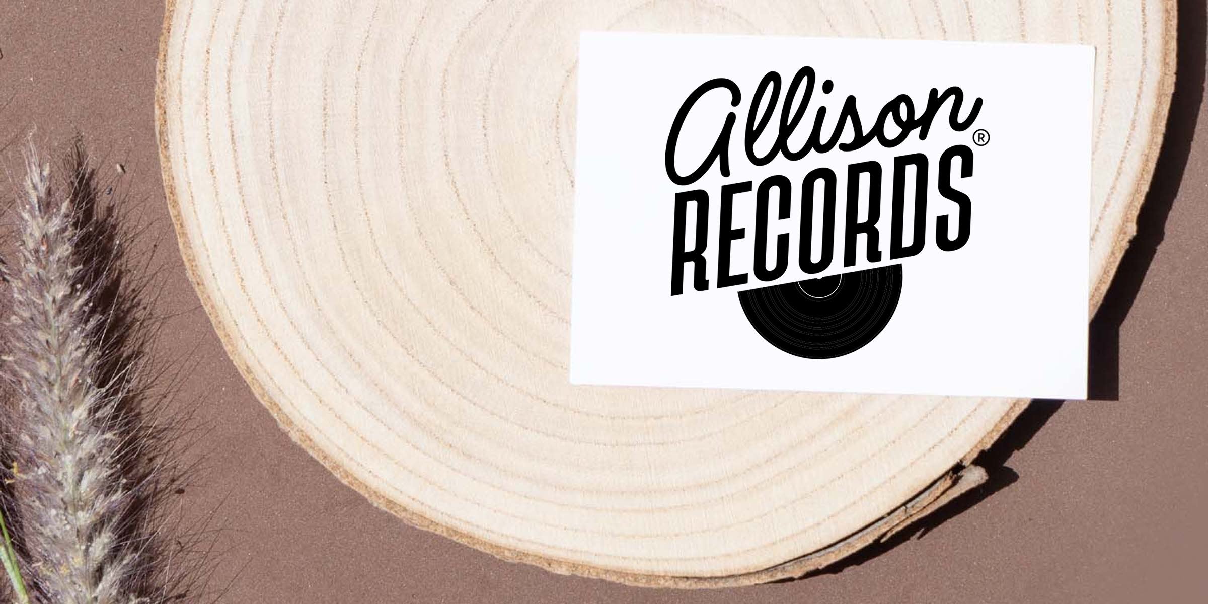 White business card with black "Allison Records" logo and vinyl graphic placed on a light wood slice over a brown background, styled with dried pampas grass — music label branding concept photo.